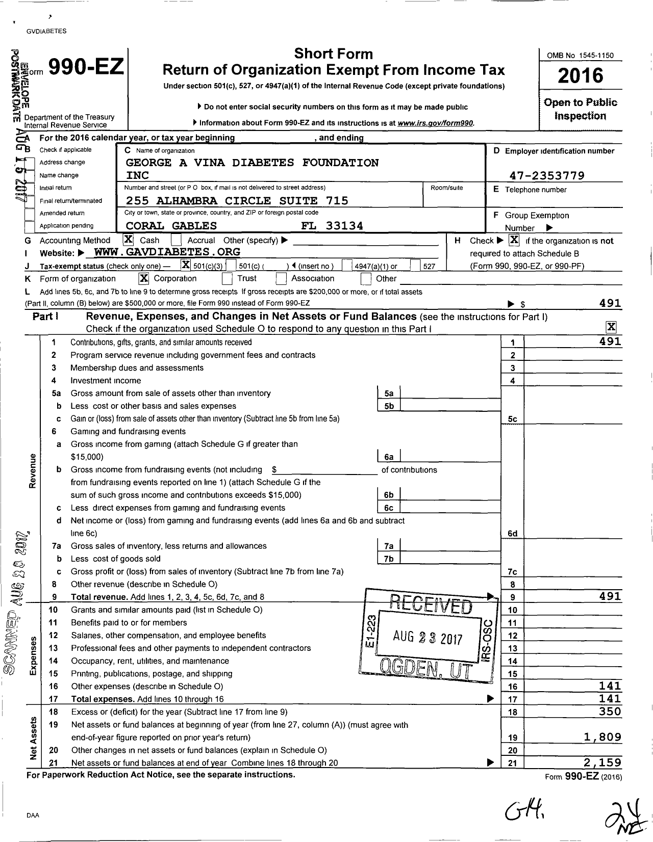 Image of first page of 2016 Form 990EZ for George A Vina Diabetes Foundation