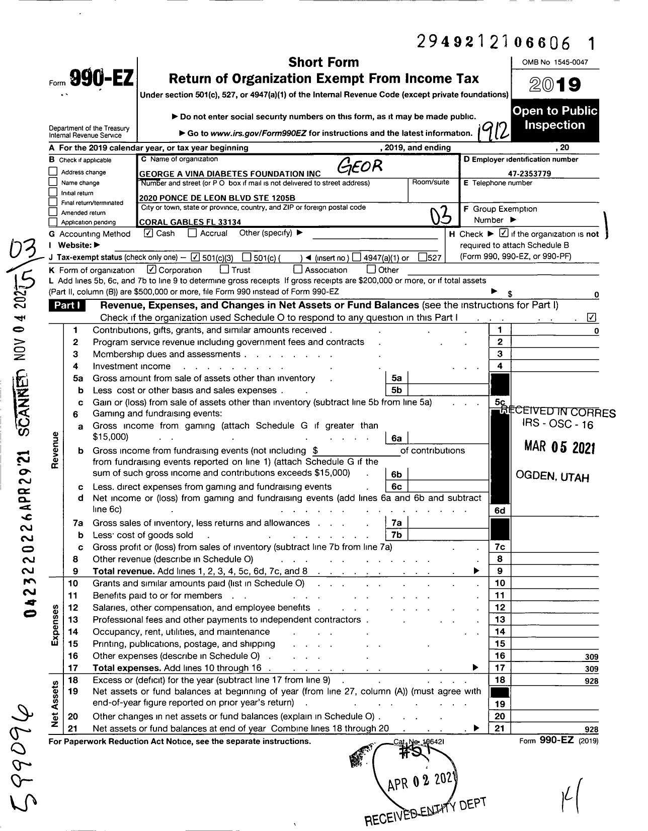 Image of first page of 2019 Form 990EZ for George A Vina Diabetes Foundation