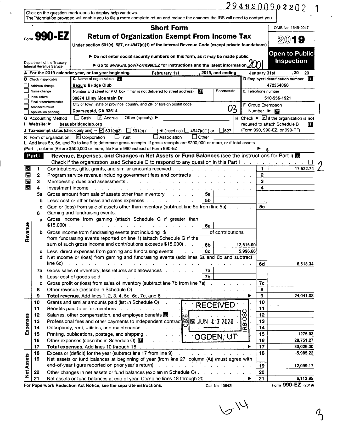 Image of first page of 2019 Form 990EZ for Beaus Bridge Club