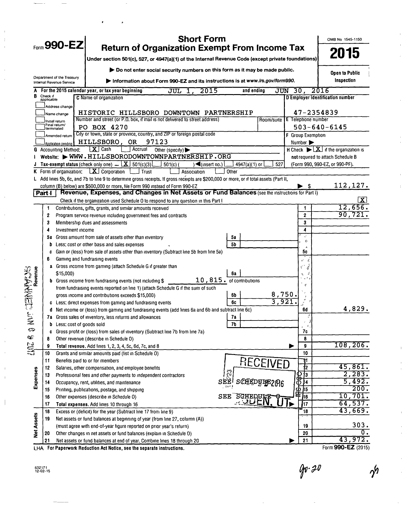Image of first page of 2015 Form 990EZ for Historic Hillsboro Downtown Partnership