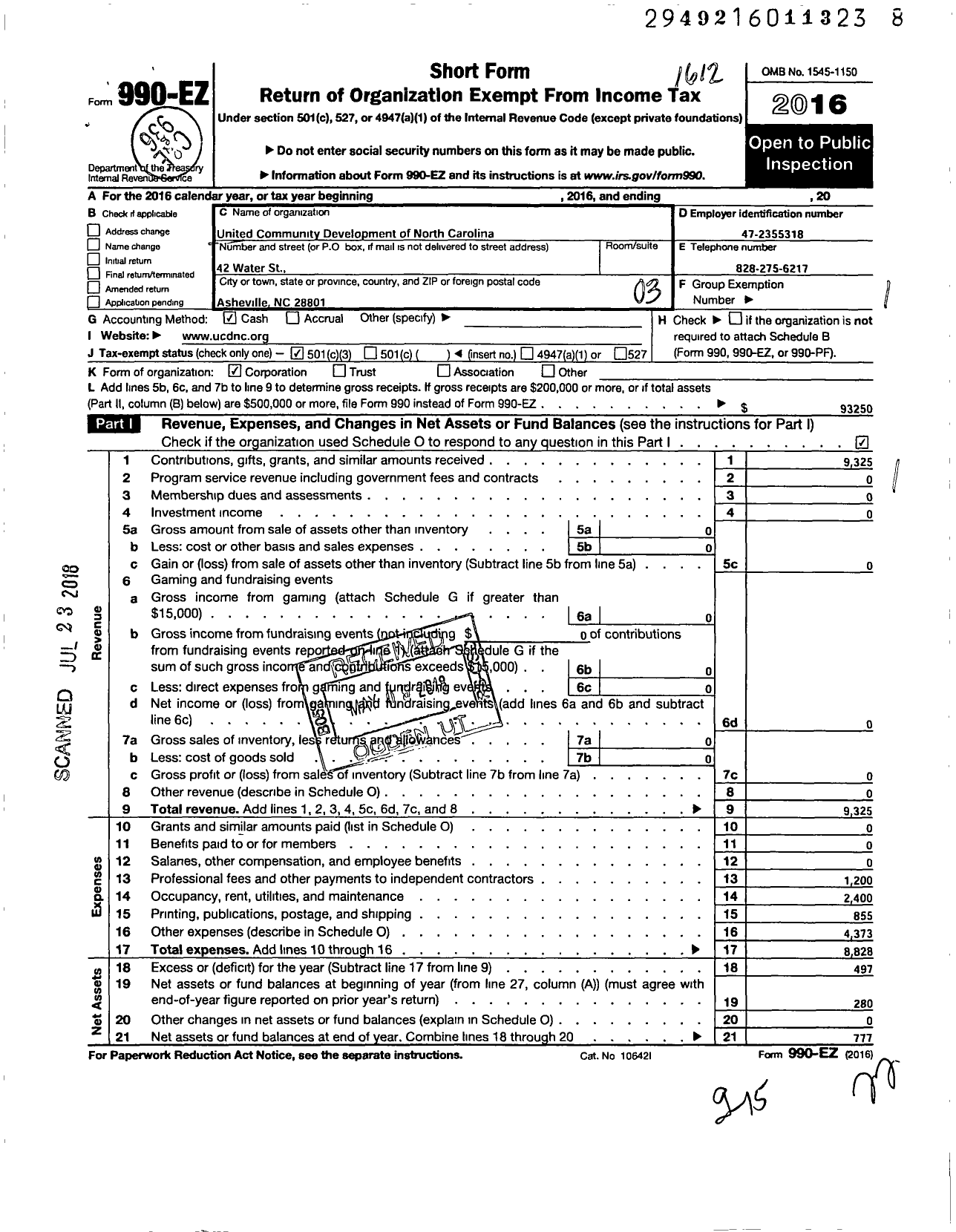 Image of first page of 2016 Form 990EZ for United Community Development of North Carolina