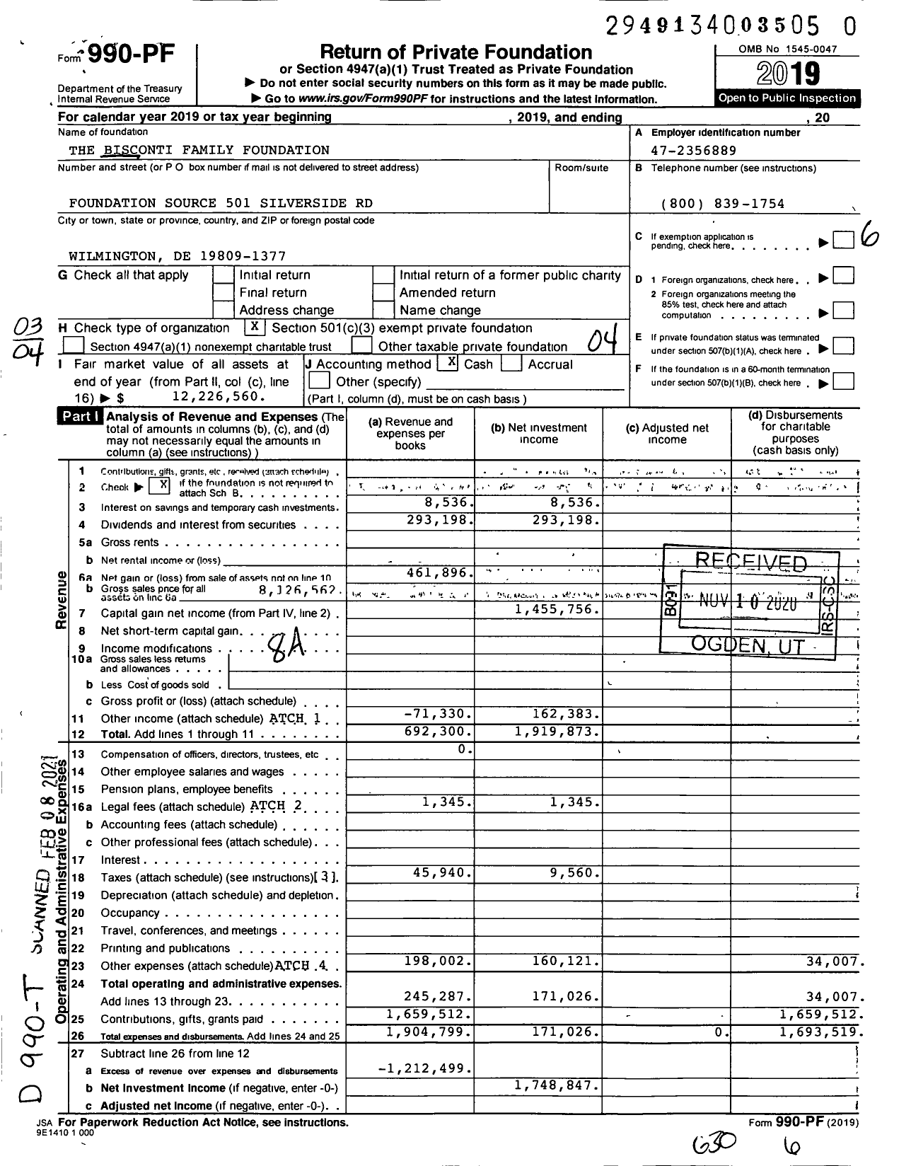 Image of first page of 2019 Form 990PF for The Bisconti Family Foundation