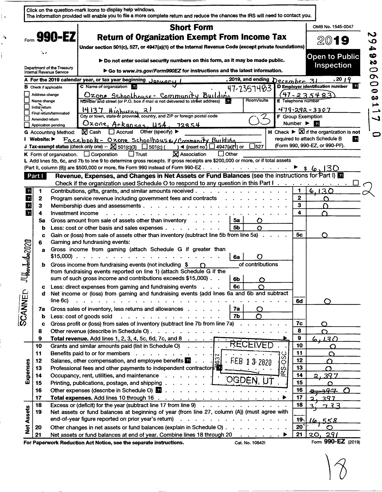 Image of first page of 2019 Form 990EZ for Ozone School House Community Building