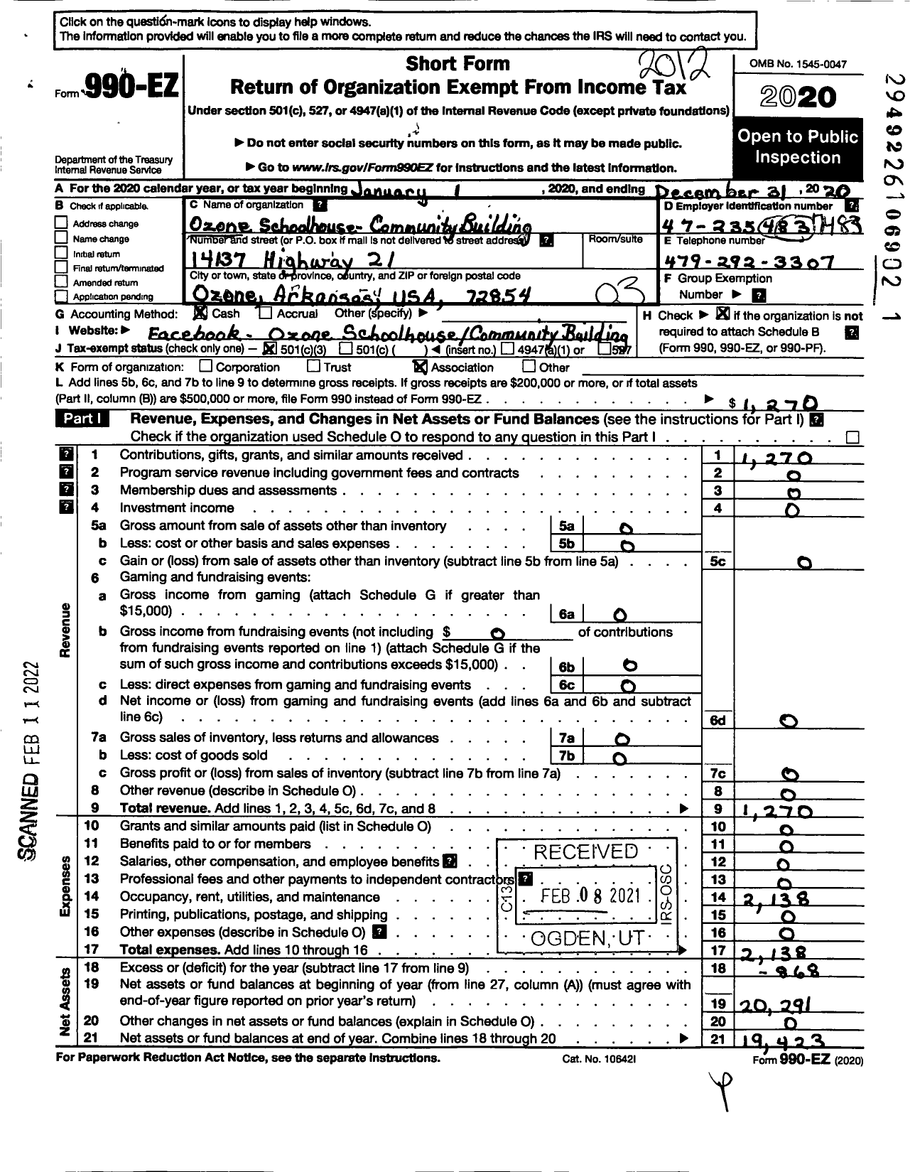 Image of first page of 2020 Form 990EZ for Ozone School House Community Building