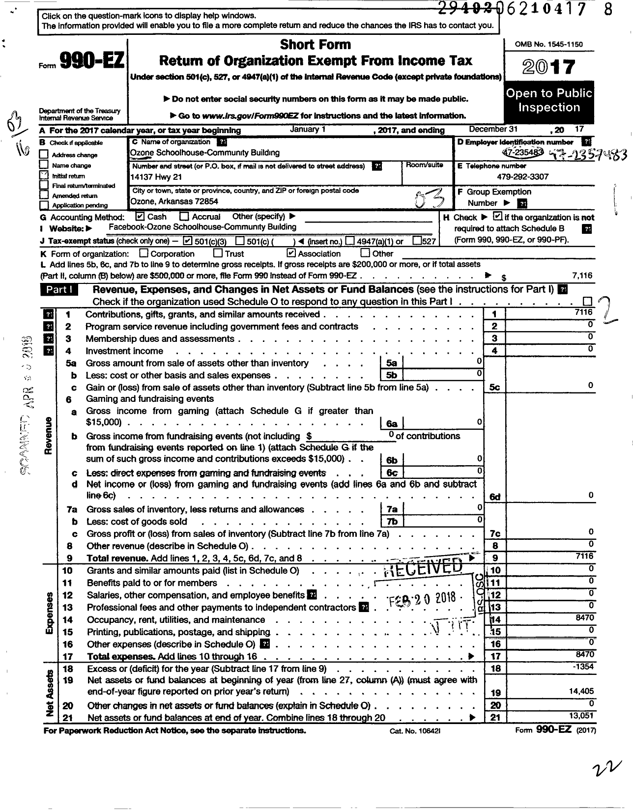 Image of first page of 2017 Form 990EZ for Ozone School House Community Building