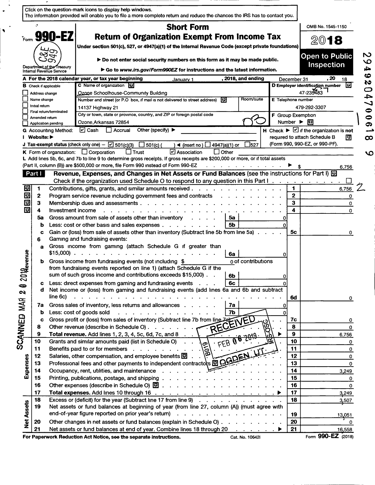 Image of first page of 2018 Form 990EZ for Ozone School House Community Building