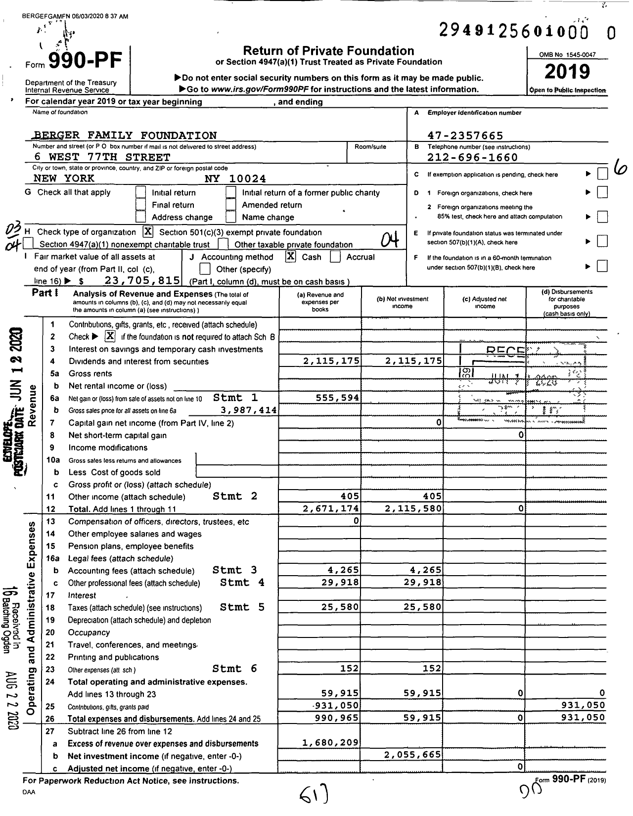 Image of first page of 2019 Form 990PR for Berger Family Foundation