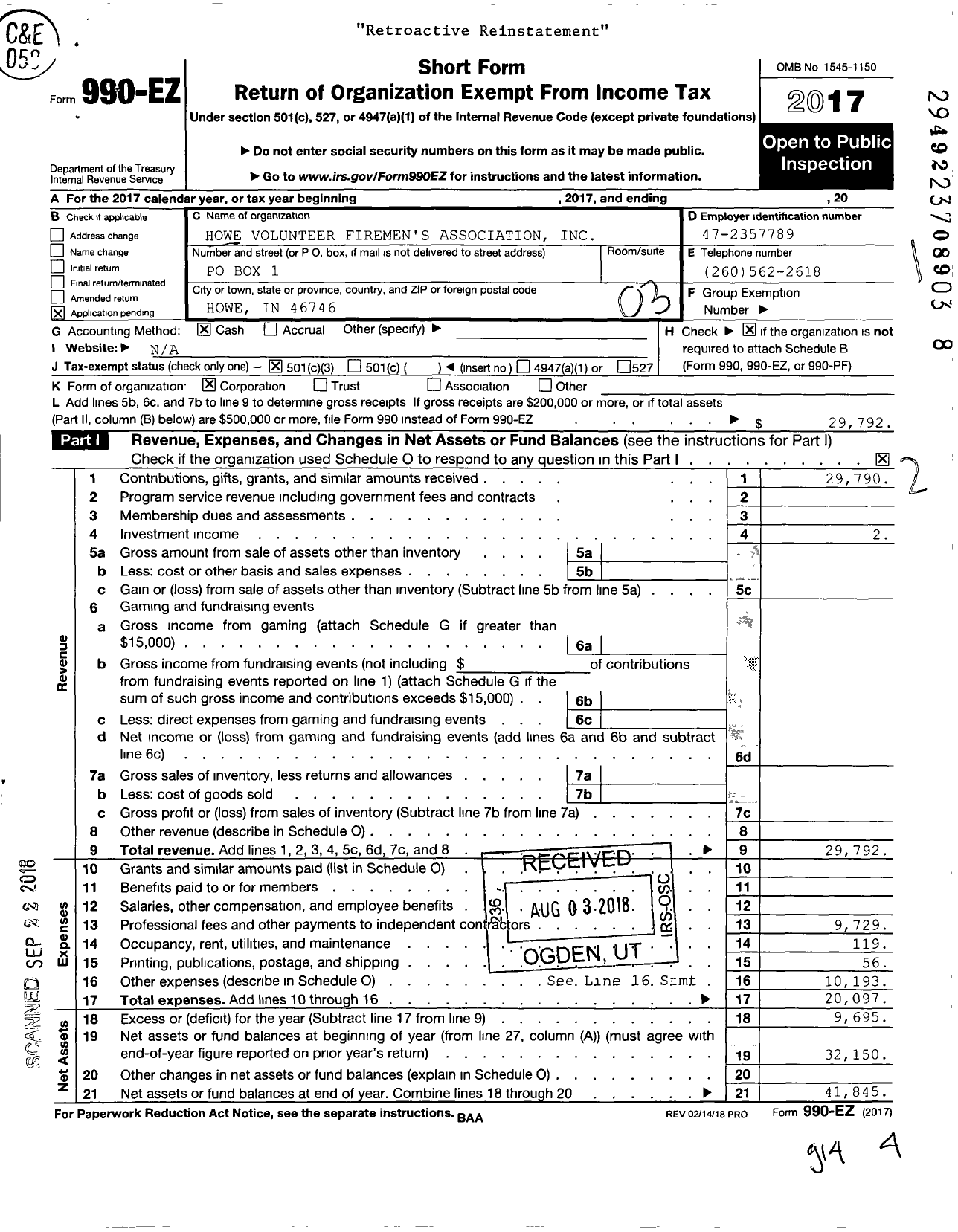 Image of first page of 2017 Form 990EZ for Howe Volunteer Firemen's Association