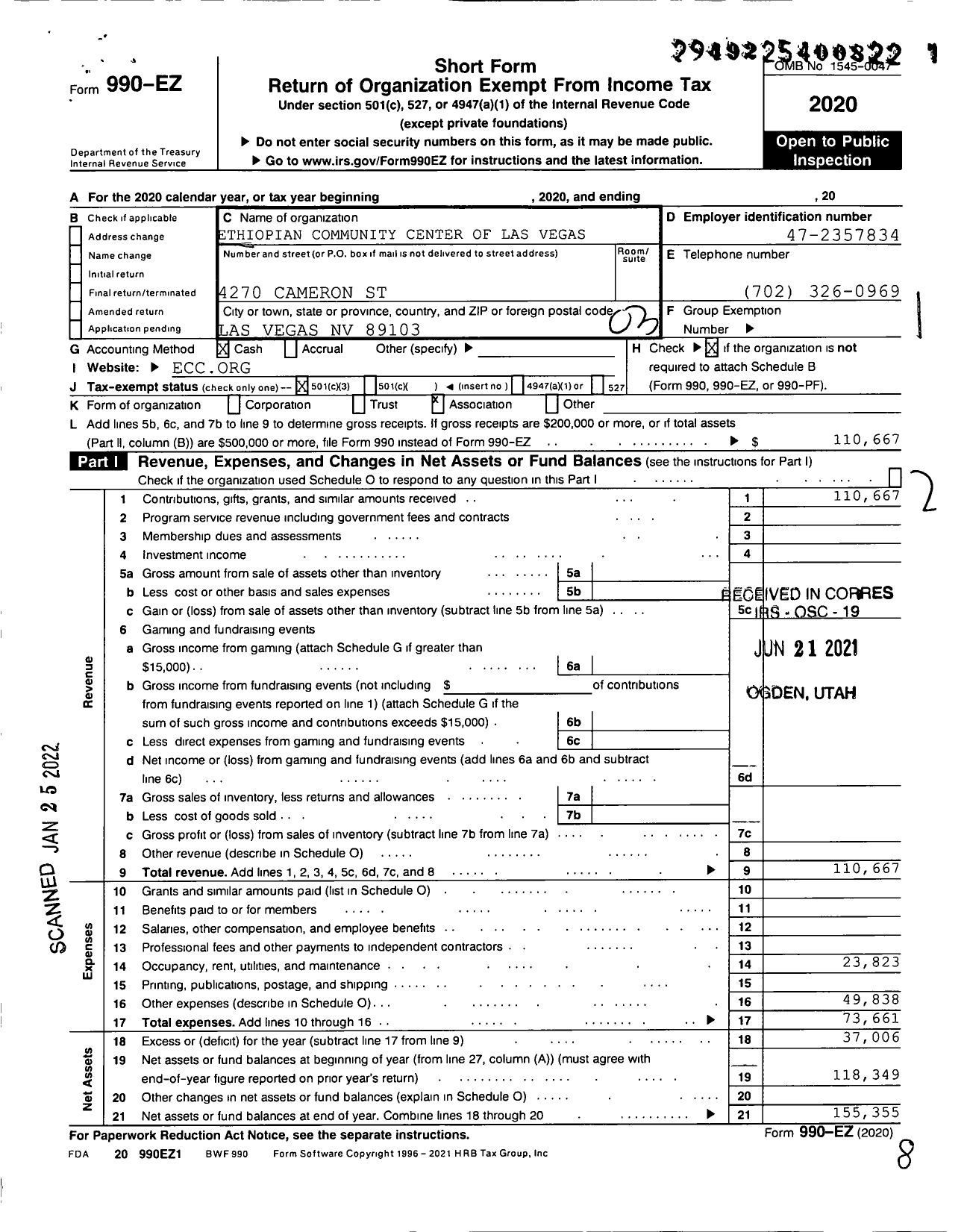 Image of first page of 2020 Form 990EZ for Ethiopian Community Center of Las Vegas