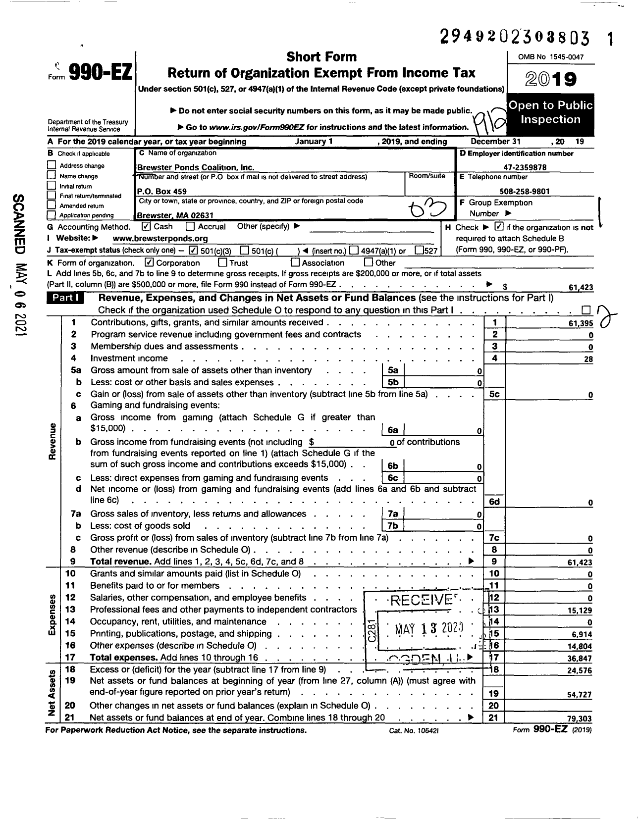 Image of first page of 2019 Form 990EZ for Brewster Ponds Coalition