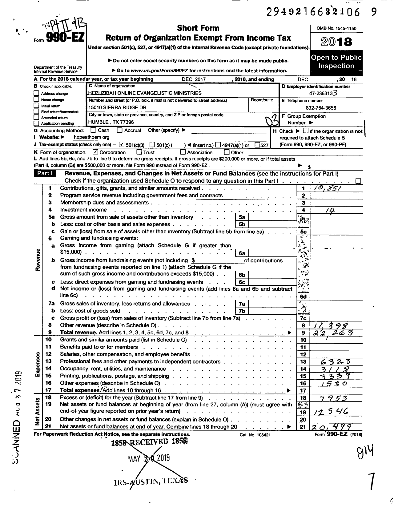 Image of first page of 2018 Form 990EZ for Hephzibah Online Evangelistic Ministries (HOEM)