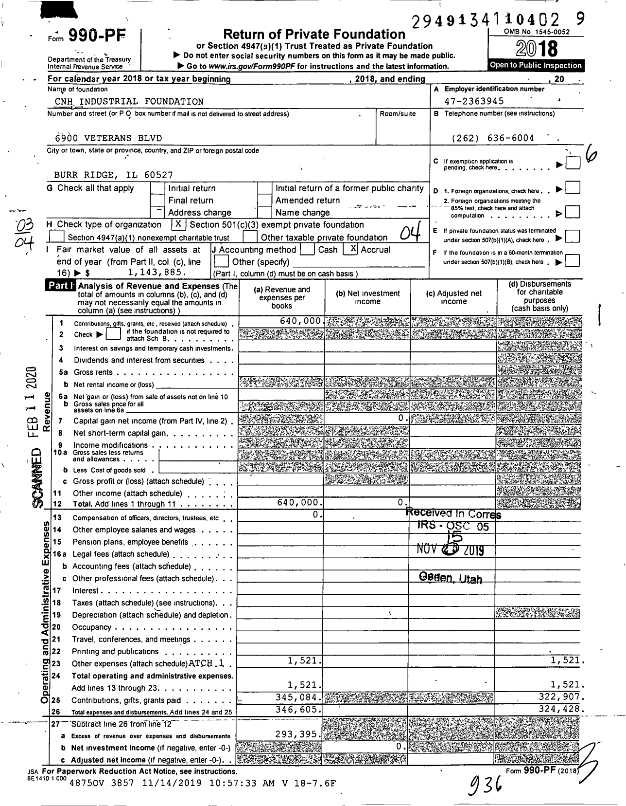 Image of first page of 2018 Form 990PF for CNH Industrial Foundation