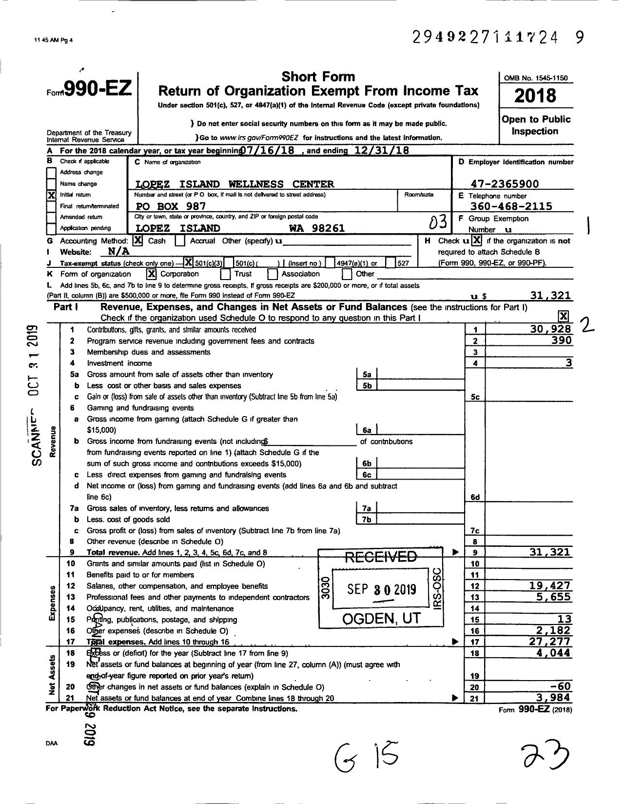 Image of first page of 2018 Form 990EZ for Lopez Island Wellness Center