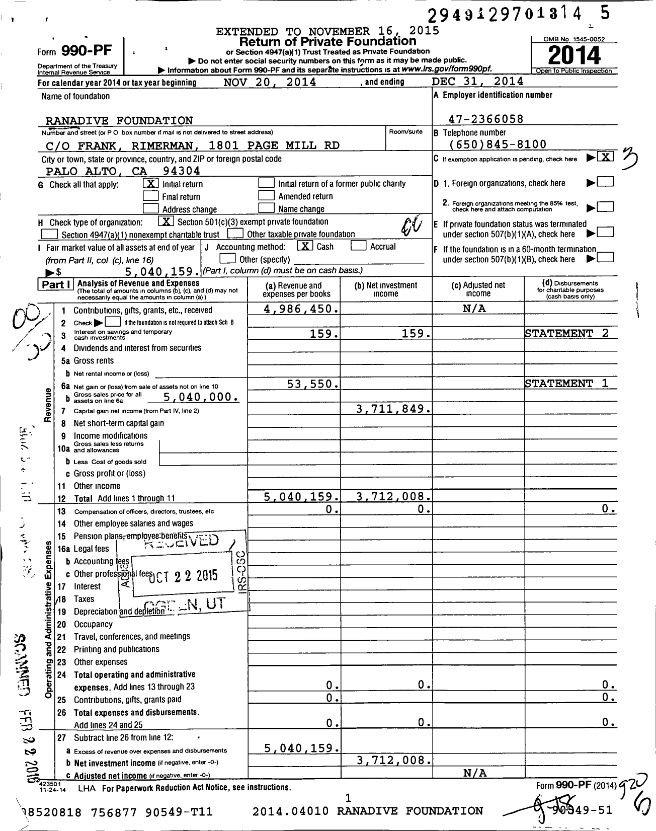 Image of first page of 2014 Form 990PF for Ranadive Foundation
