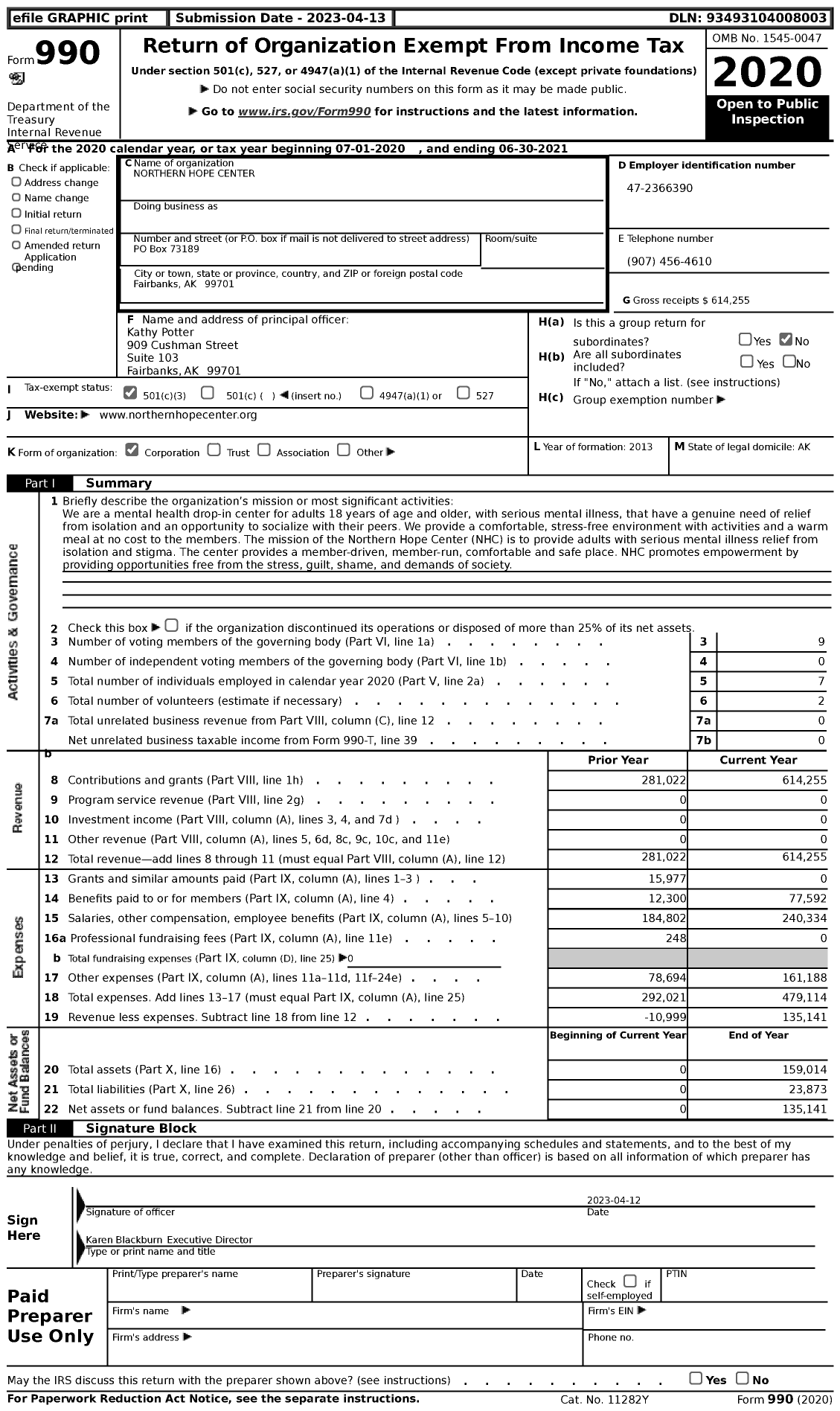 Image of first page of 2020 Form 990 for Northern Hope Center