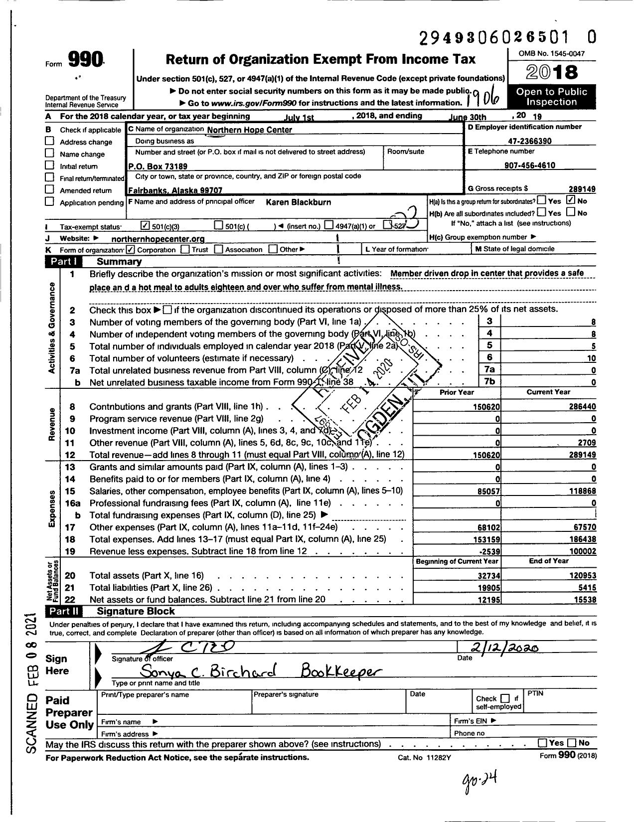 Image of first page of 2018 Form 990 for Northern Hope Center