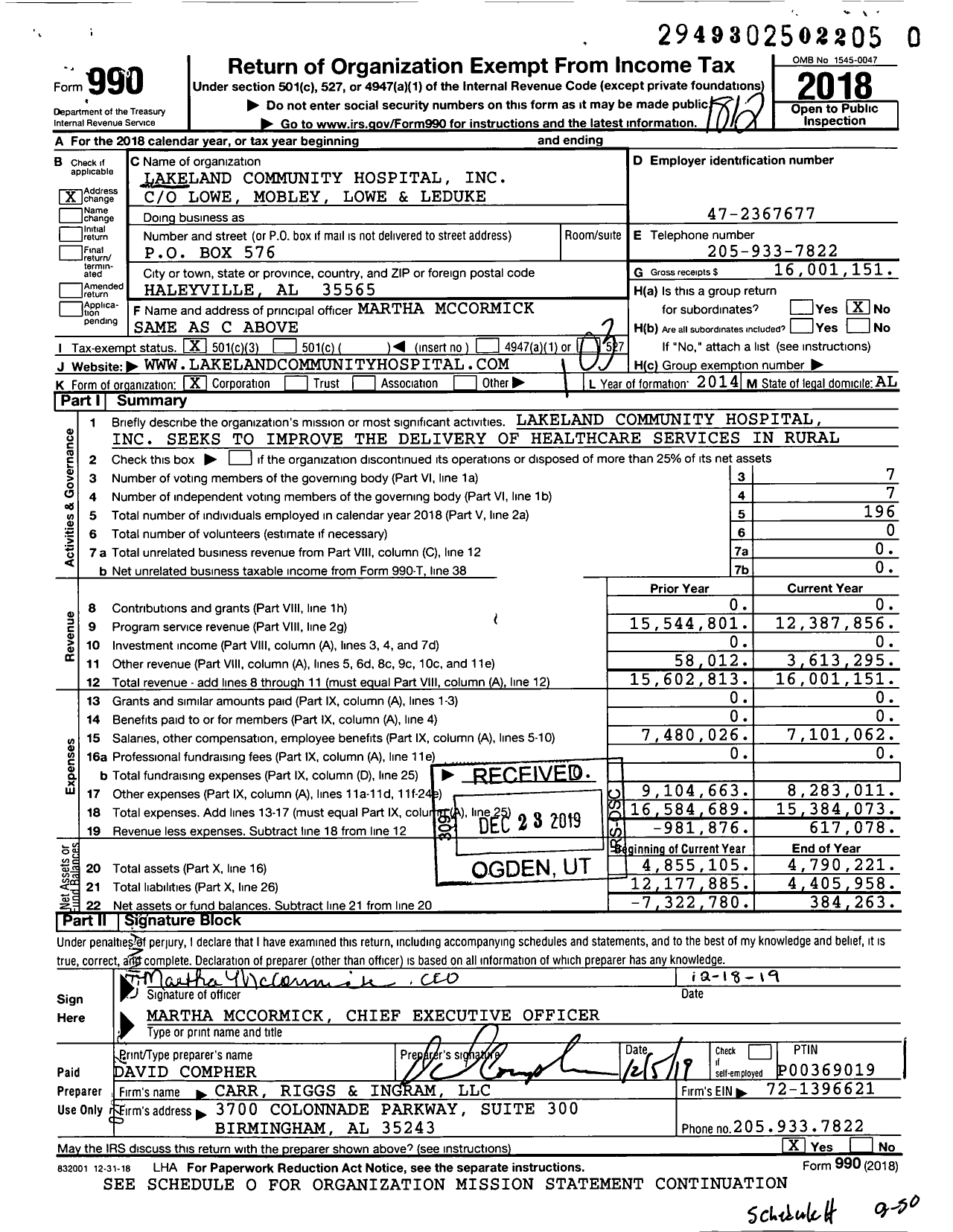 Image of first page of 2018 Form 990 for Lakeland Community Hospital