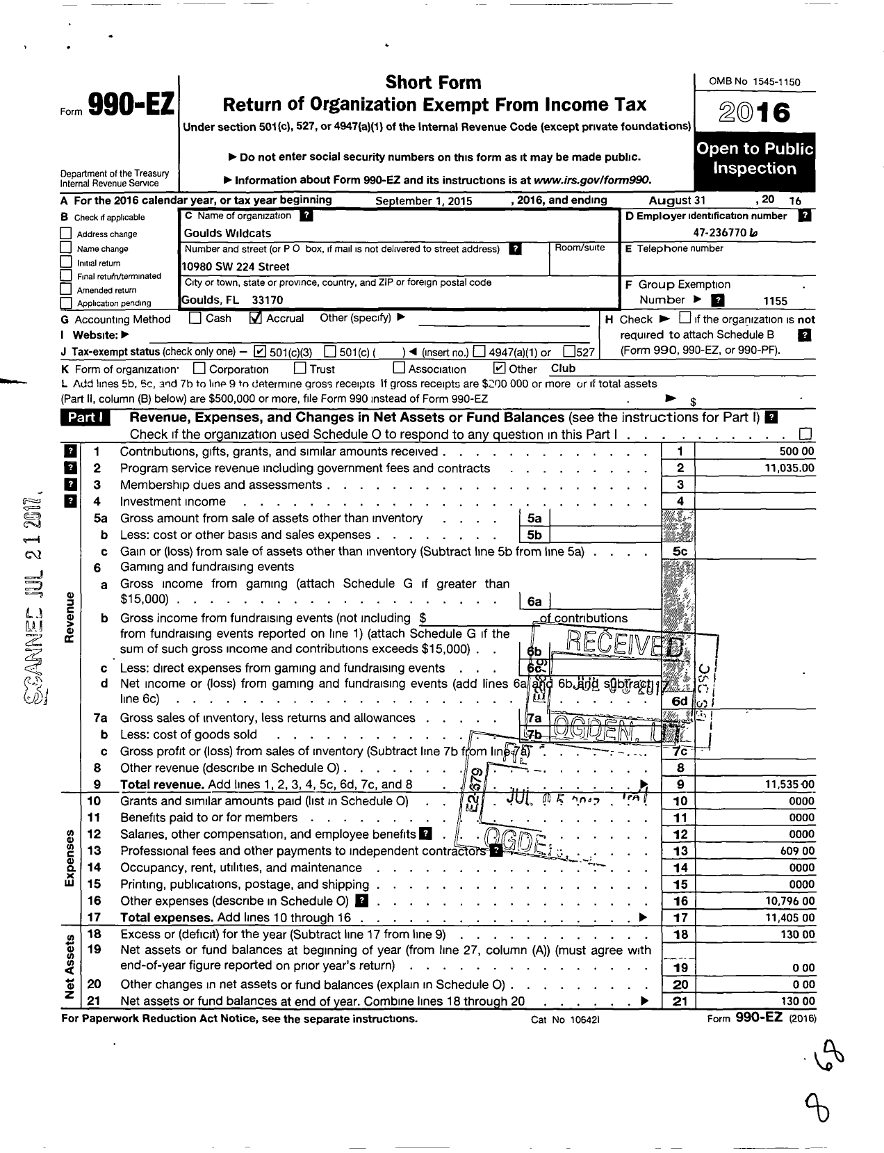 Image of first page of 2015 Form 990EZ for Amateur Athletic Union - Goulds Wildcats Track Club