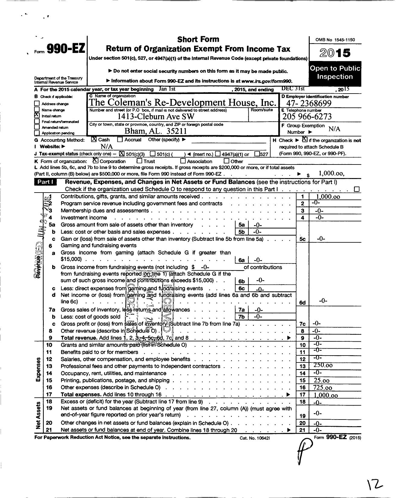 Image of first page of 2015 Form 990EZ for Colemans Re-Development House