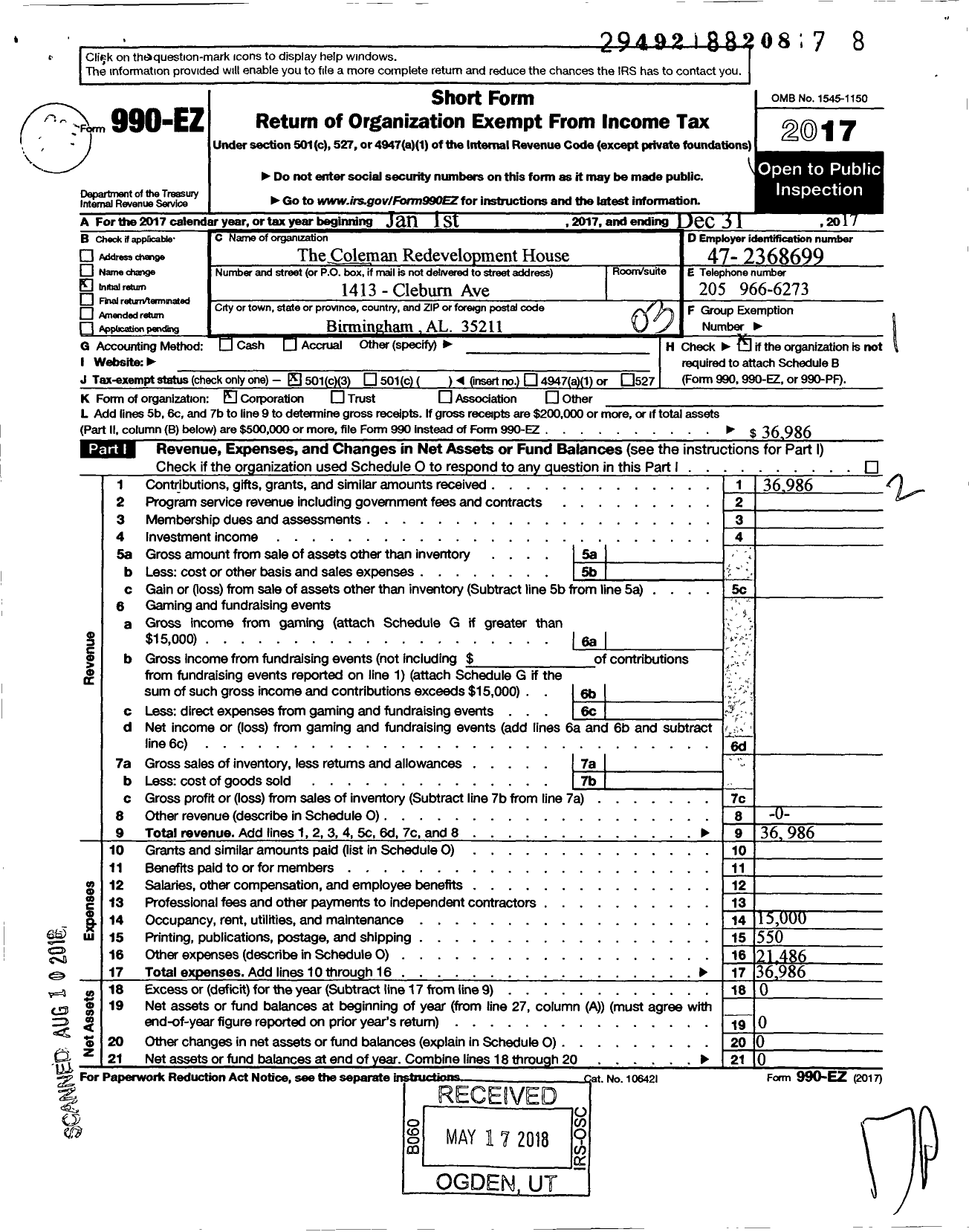 Image of first page of 2017 Form 990EZ for Colemans Re-Development House