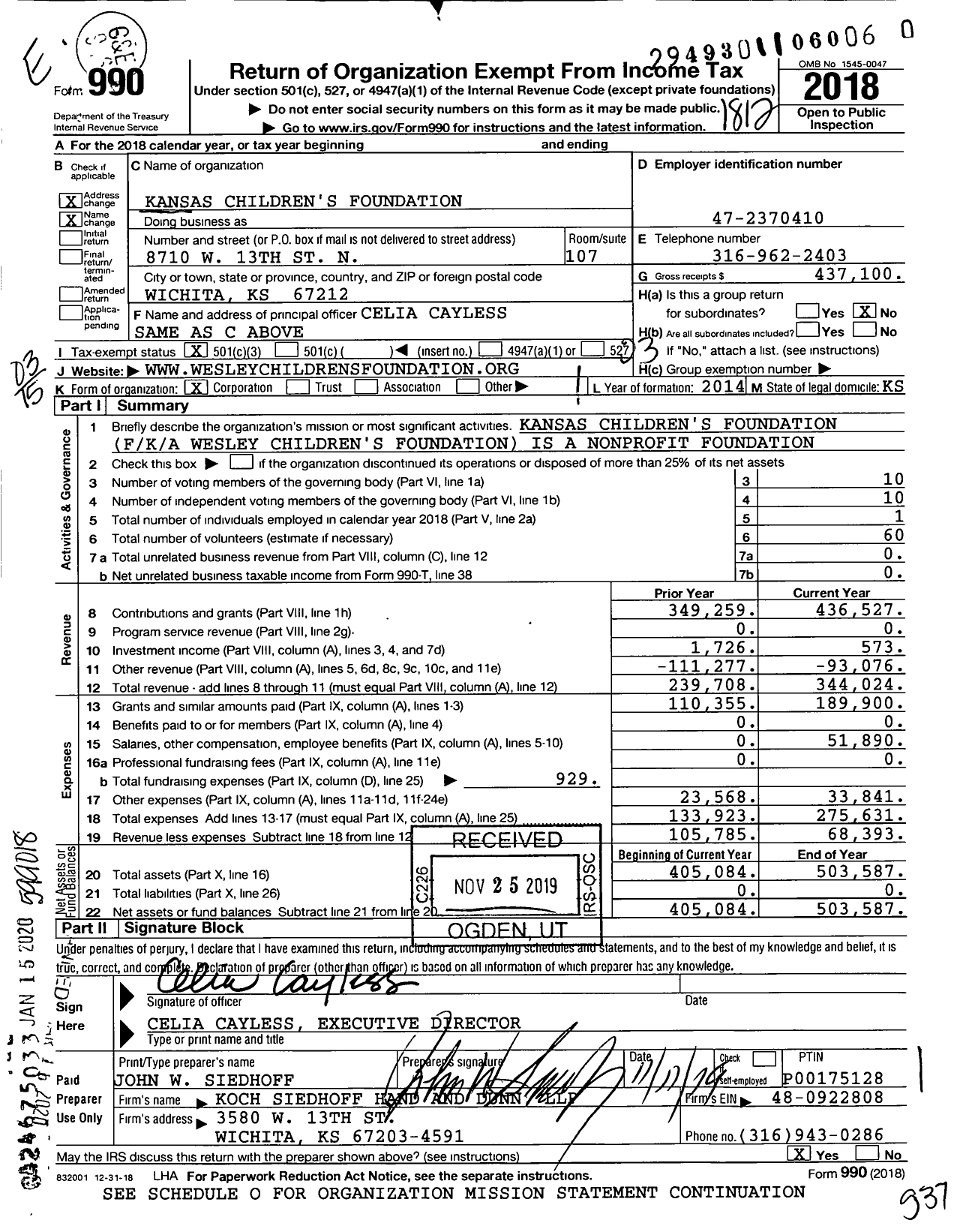 Image of first page of 2018 Form 990 for Kansas Children's Foundation