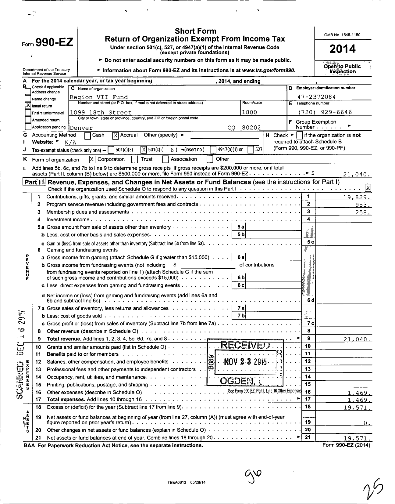 Image of first page of 2014 Form 990EO for Region VII Fund