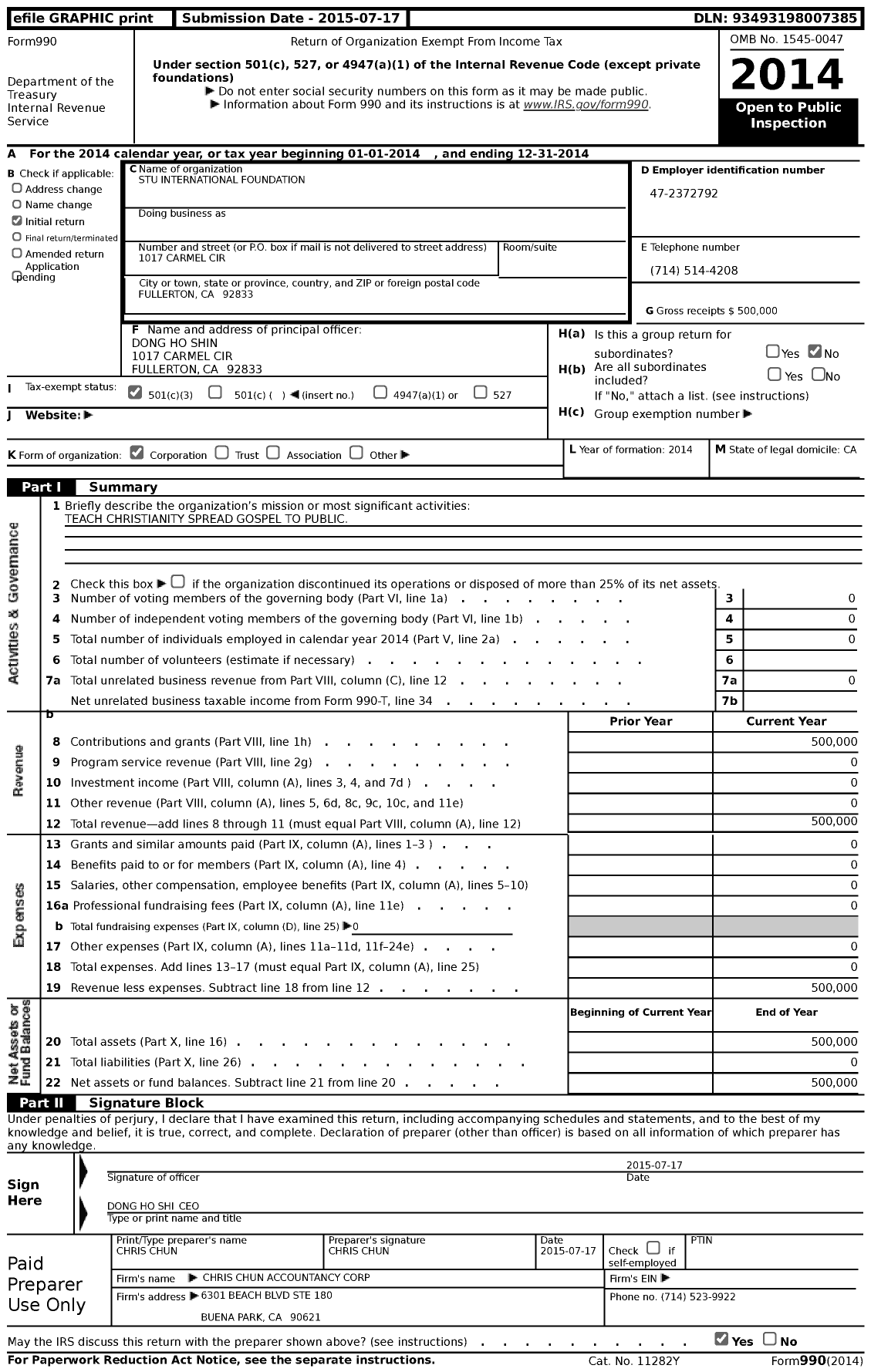 Image of first page of 2014 Form 990 for Stu International Foundation