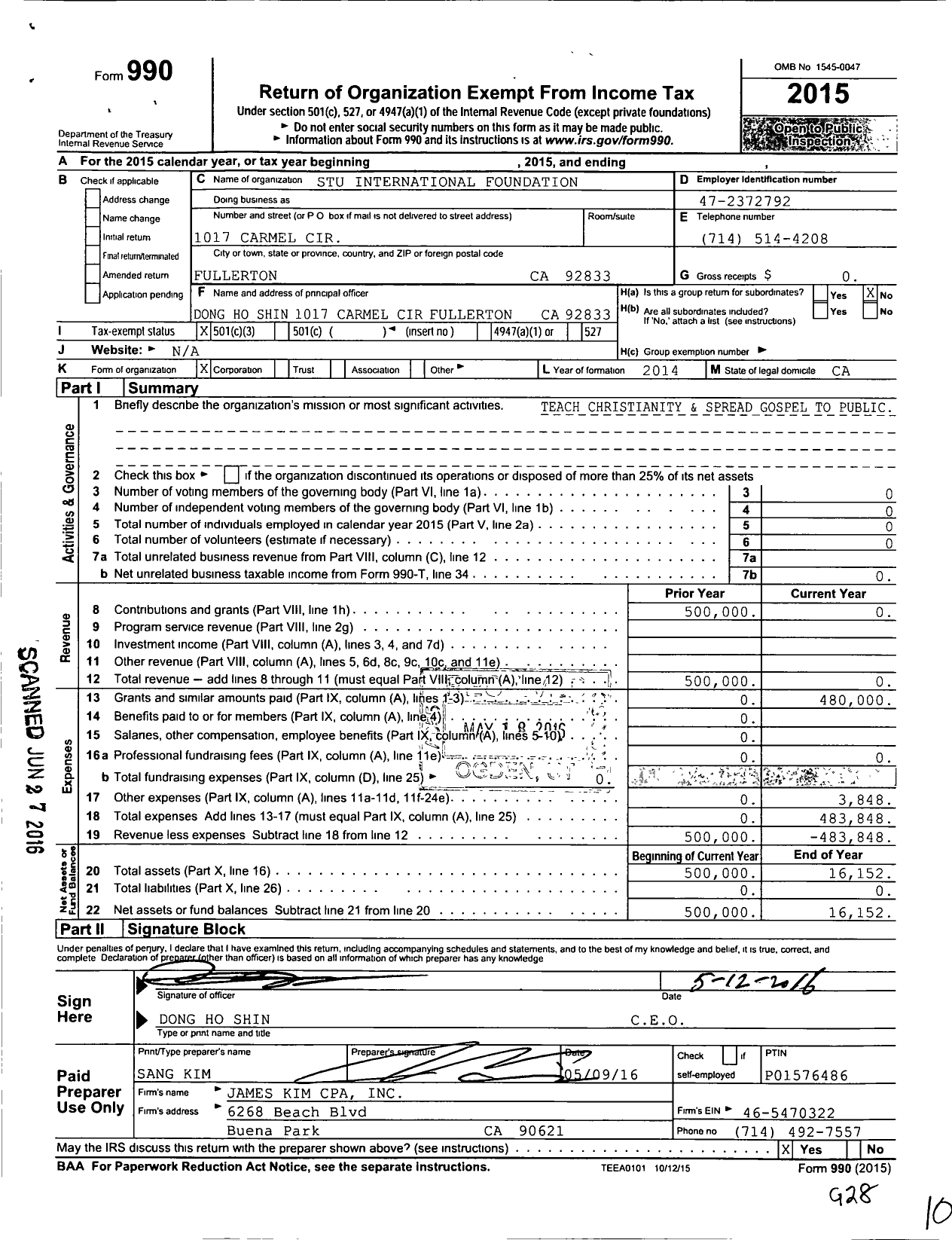 Image of first page of 2015 Form 990 for Stu International Foundation