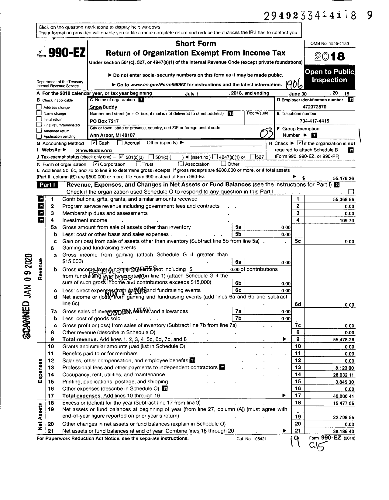 Image of first page of 2018 Form 990EZ for SnowBuddy