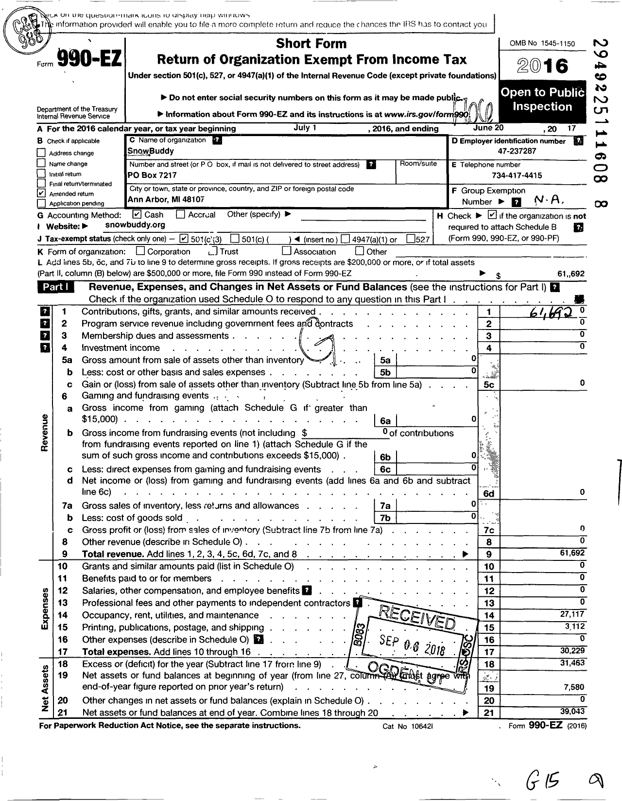 Image of first page of 2016 Form 990EZ for SnowBuddy