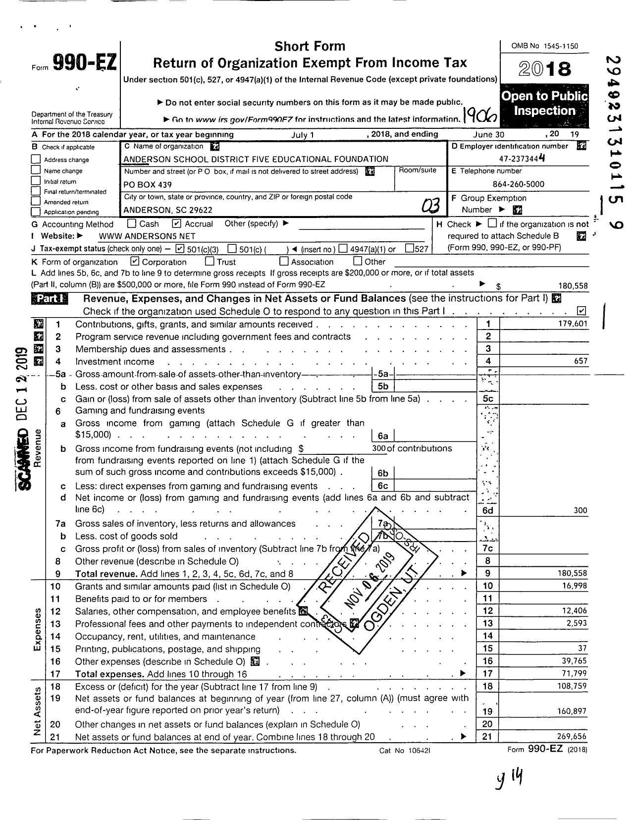 Image of first page of 2018 Form 990EZ for Anderson Five Educational Foundation