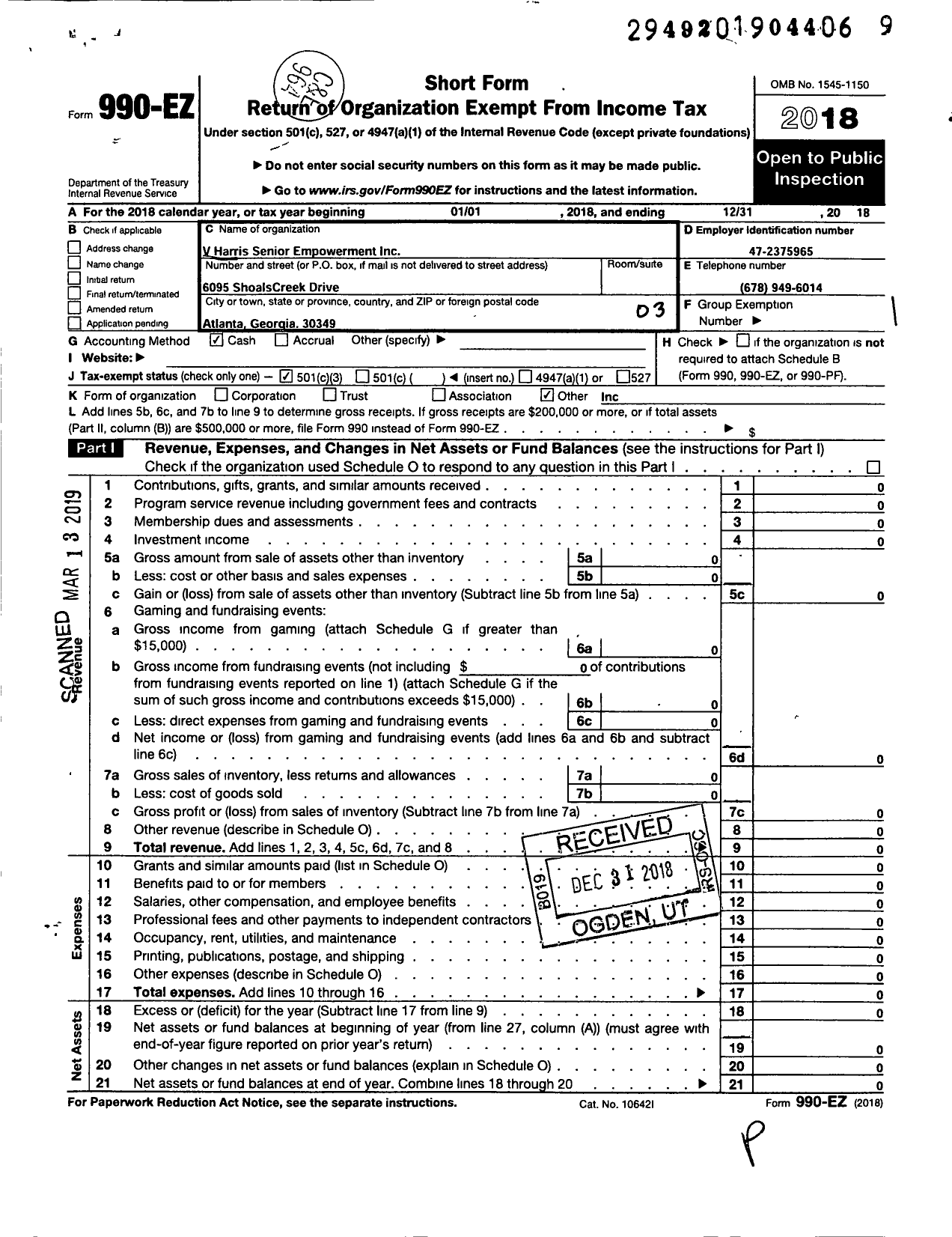 Image of first page of 2018 Form 990EZ for V Harris Senior Empowerment