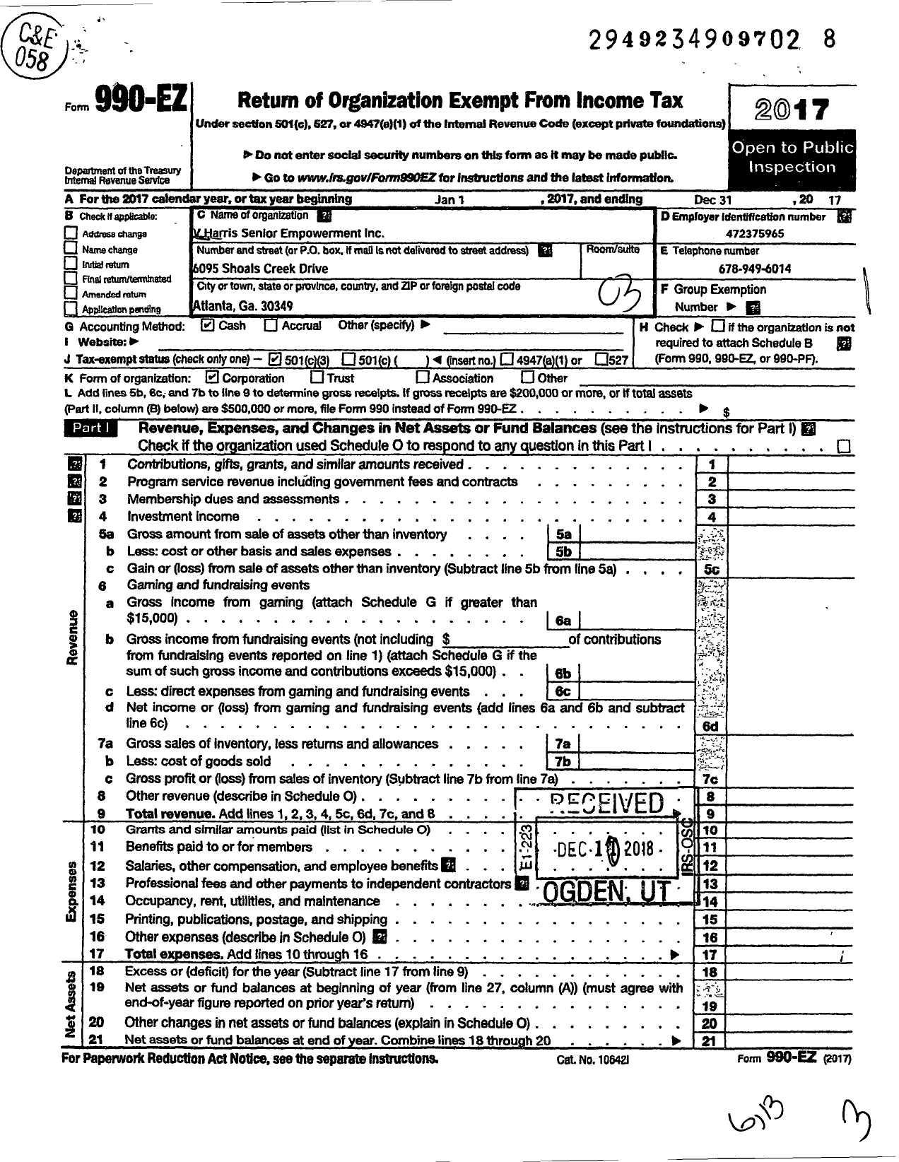 Image of first page of 2017 Form 990EZ for V Harris Senior Empowerment