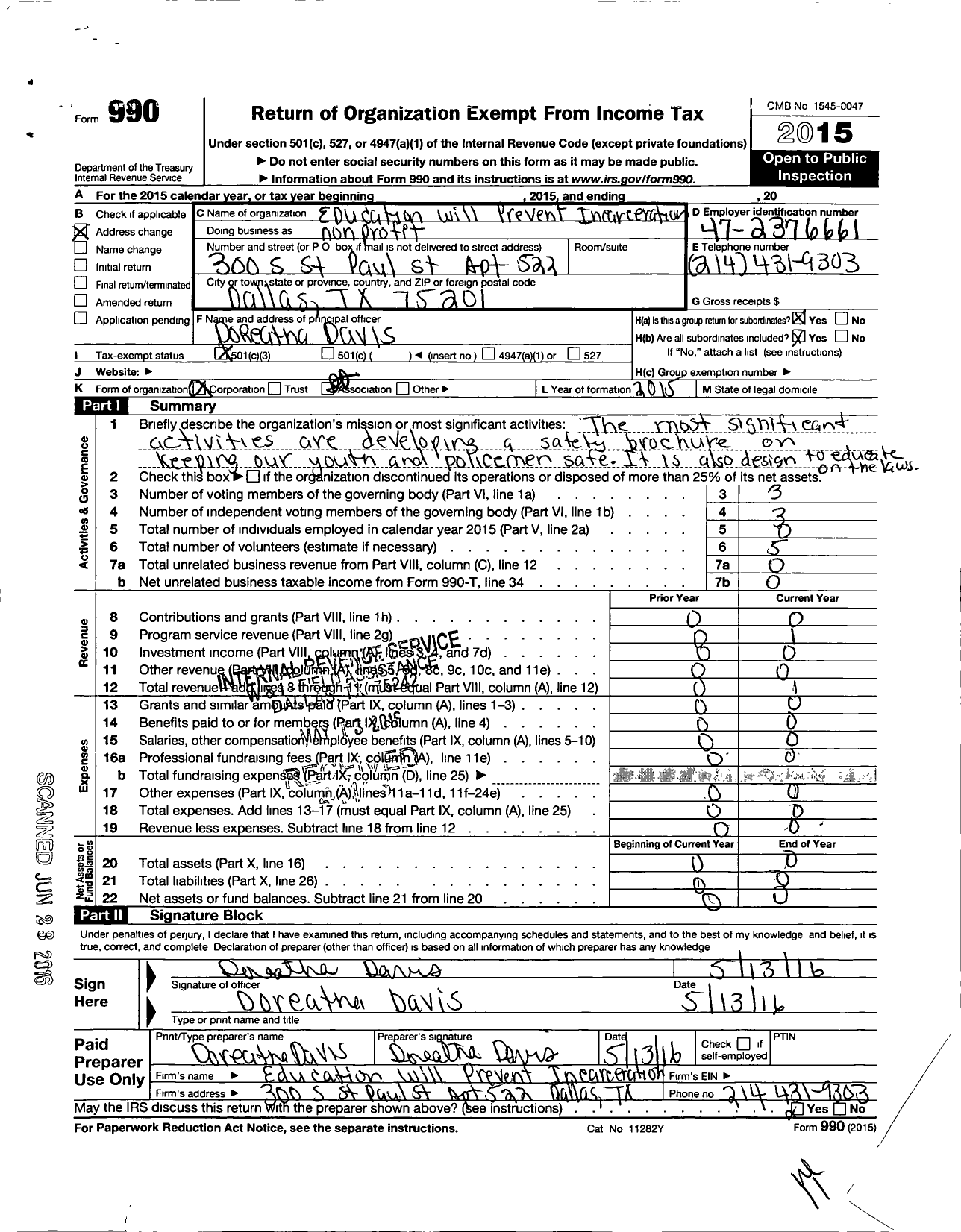 Image of first page of 2015 Form 990 for Education Will Prevent Incarceration