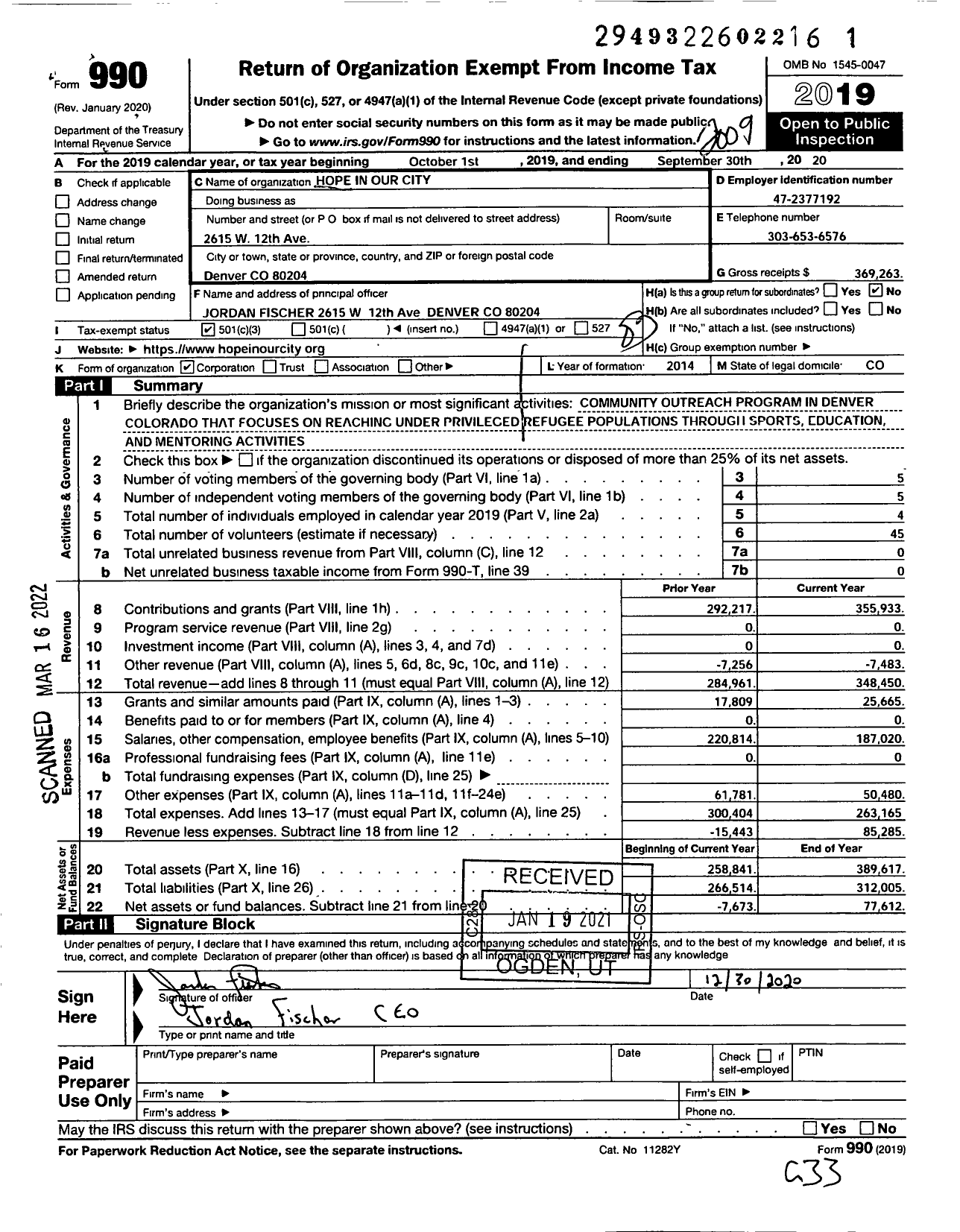 Image of first page of 2019 Form 990 for Hope in Our City