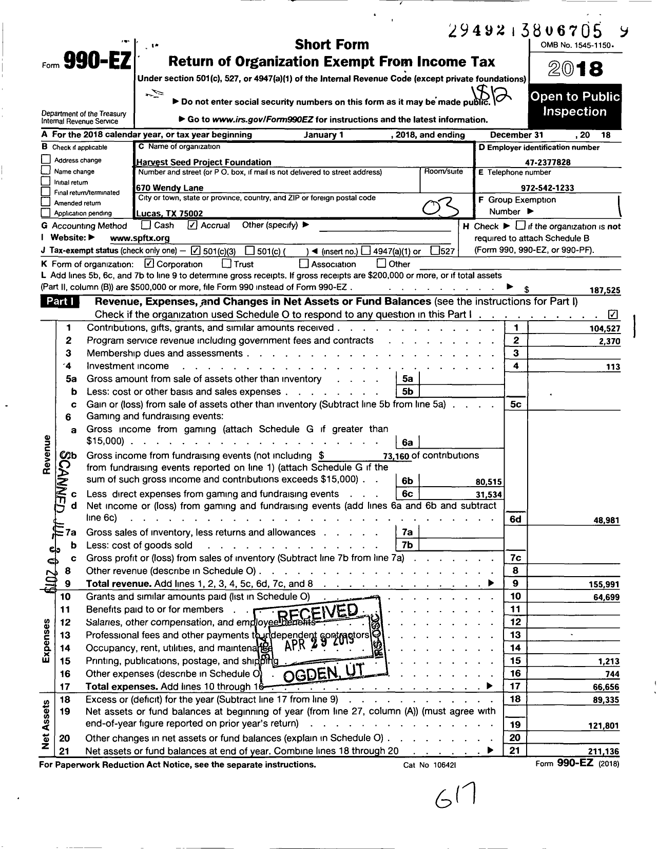 Image of first page of 2018 Form 990EZ for Seed Project Foundation and McKinney Roots