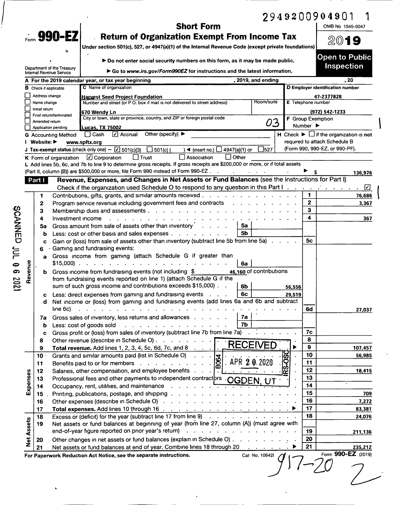 Image of first page of 2019 Form 990EZ for Seed Project Foundation and McKinney Roots