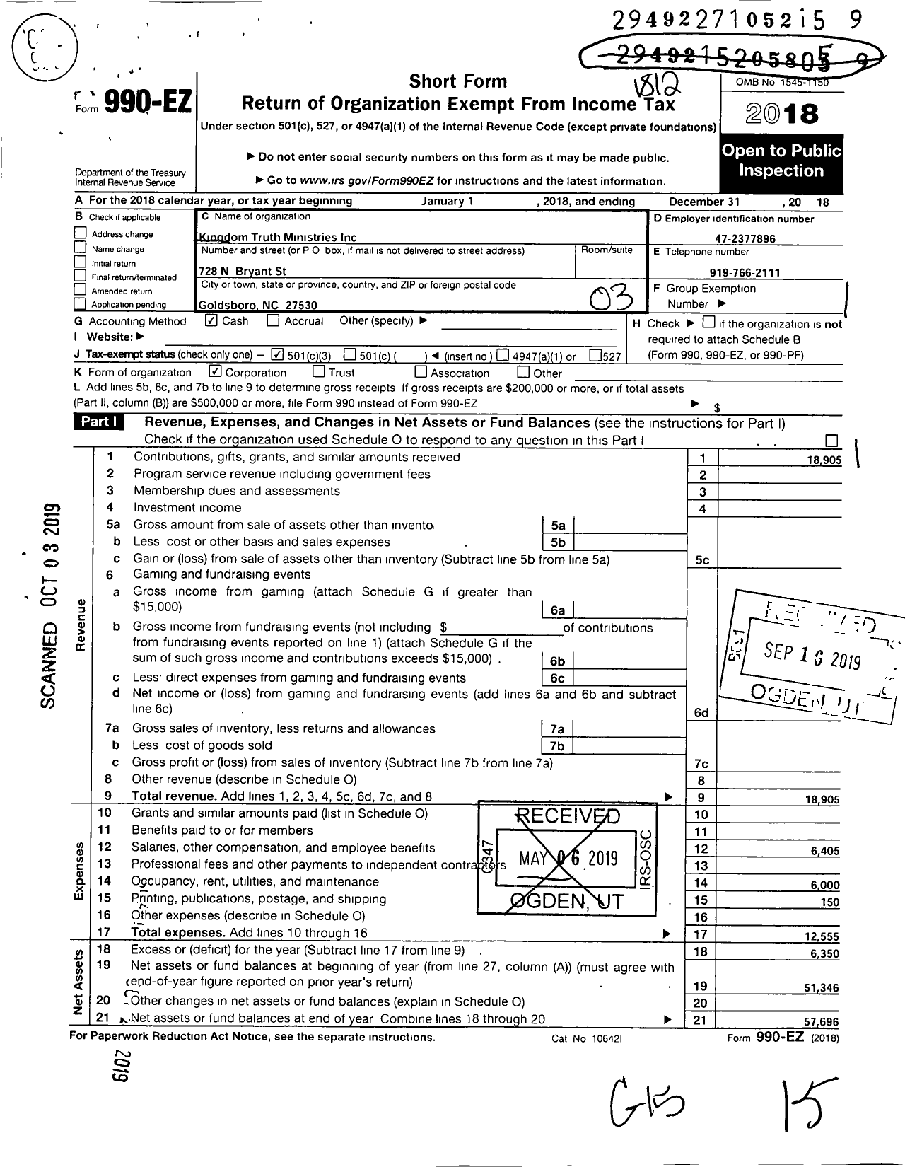 Image of first page of 2018 Form 990EZ for Kingdom Truth Ministries