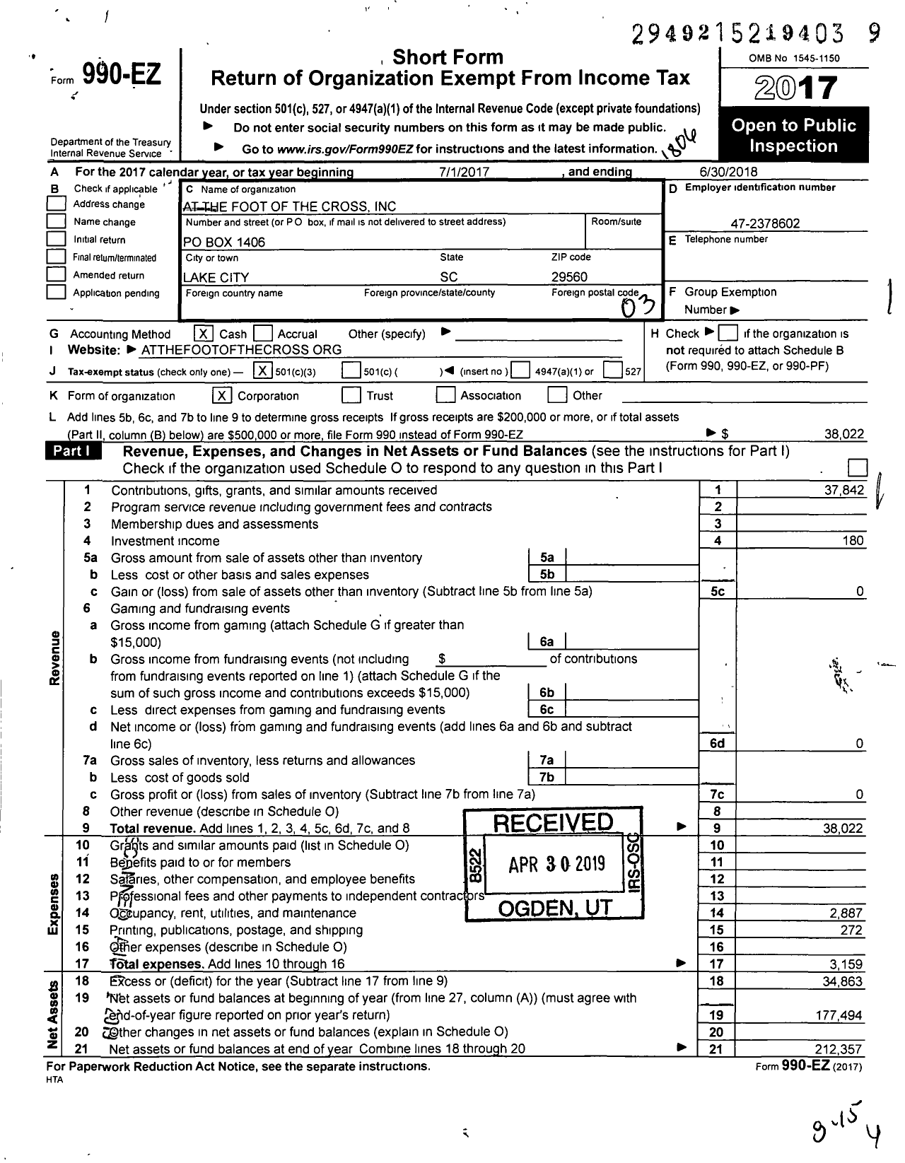 Image of first page of 2017 Form 990EZ for At the Foot of the Cross