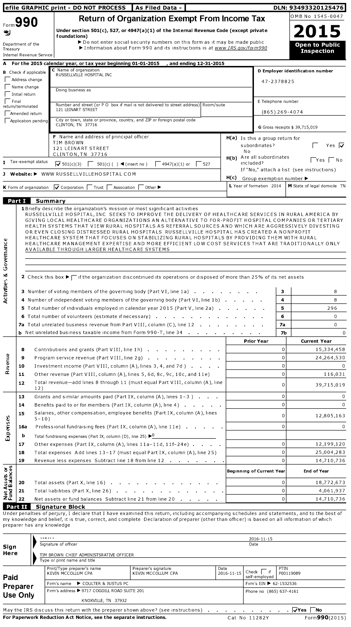 Image of first page of 2015 Form 990 for Russellville Hospital