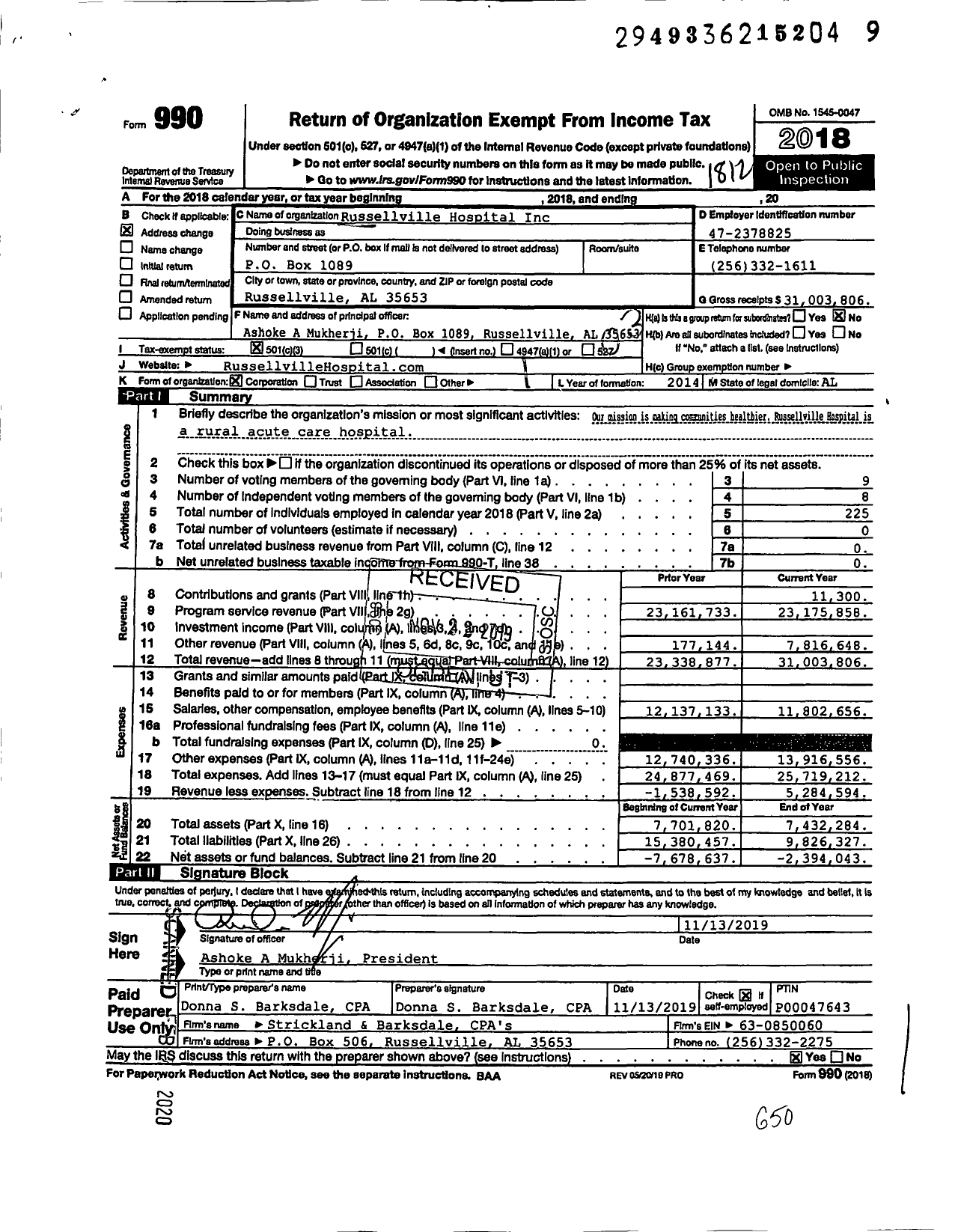 Image of first page of 2018 Form 990 for Russellville Hospital
