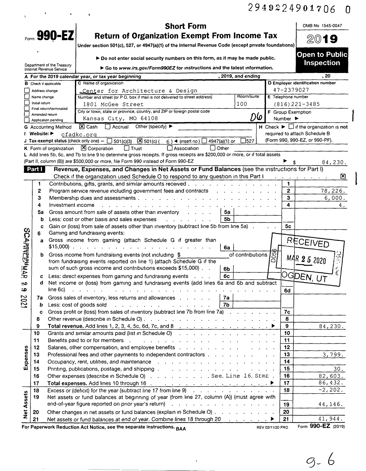 Image of first page of 2019 Form 990EO for Center for Architecture & Design