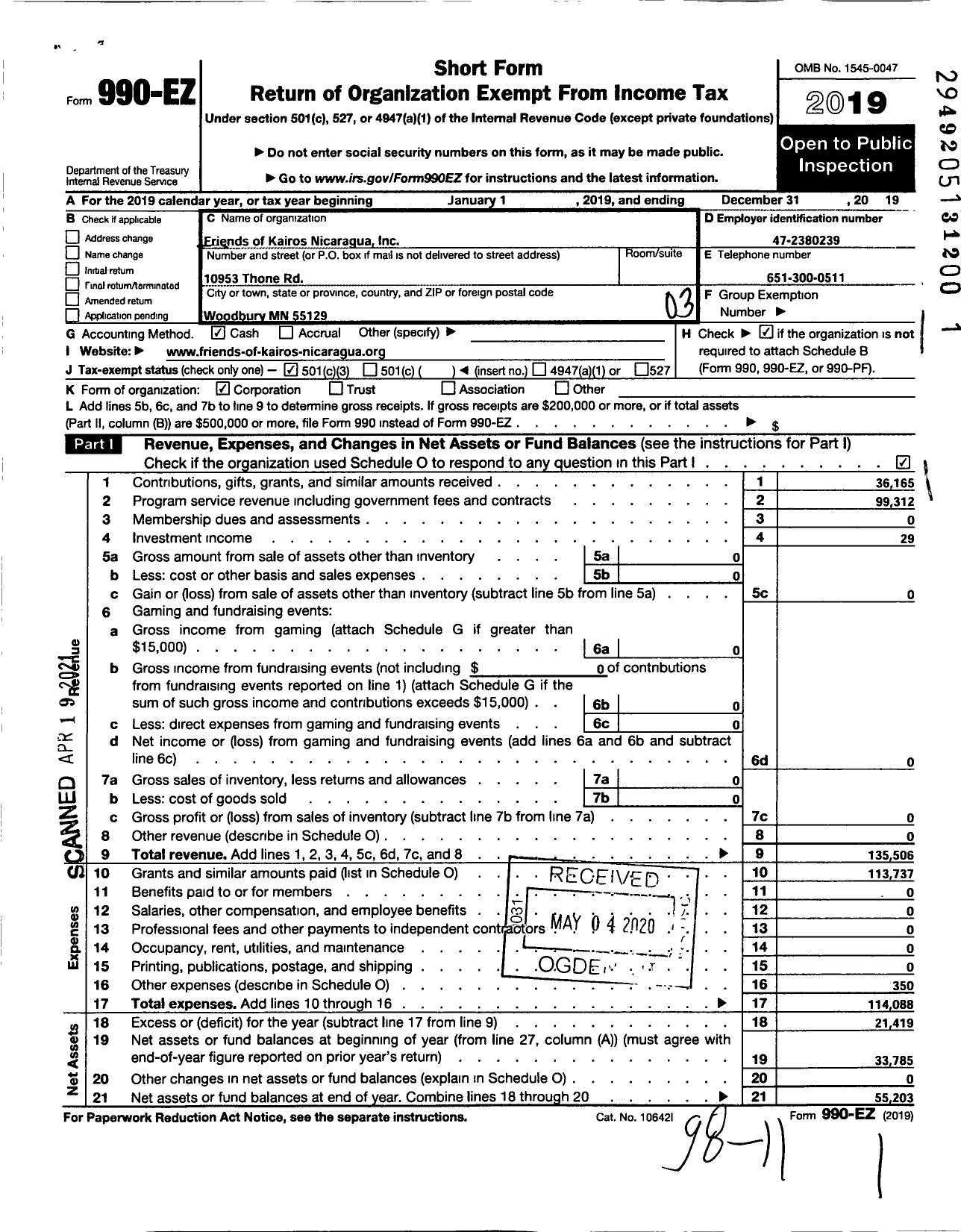 Image of first page of 2019 Form 990EZ for Friends of Kairos Nicaragua