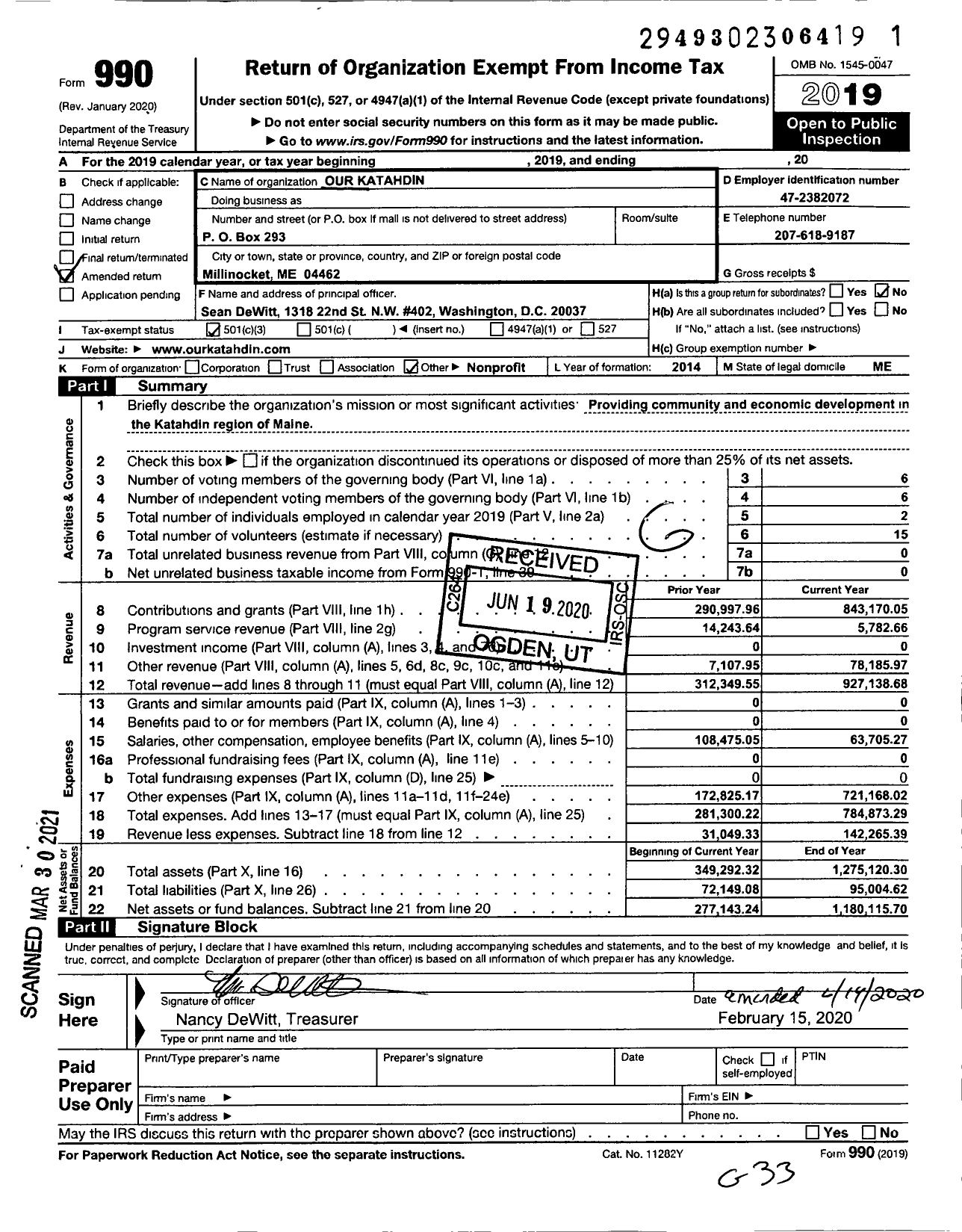 Image of first page of 2019 Form 990 for Our Katahdin