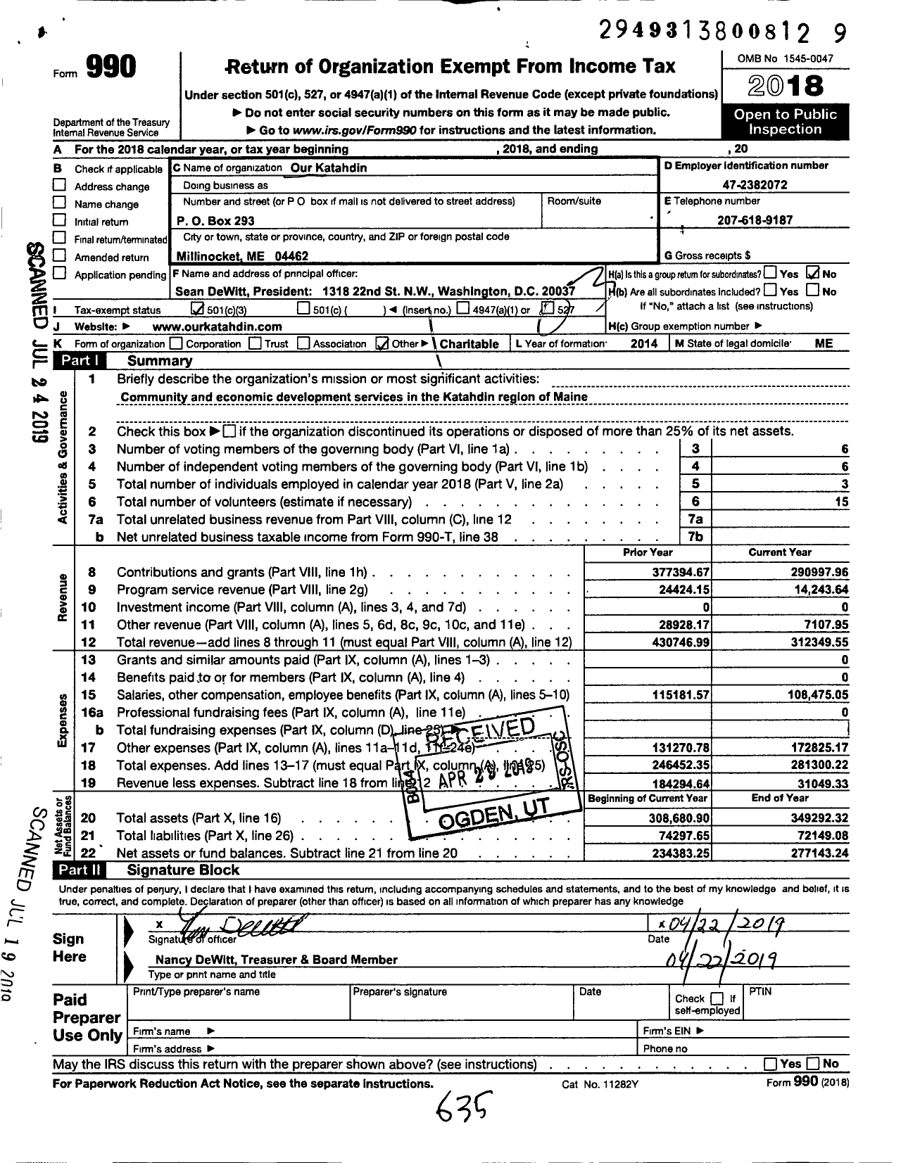 Image of first page of 2018 Form 990 for Our Katahdin