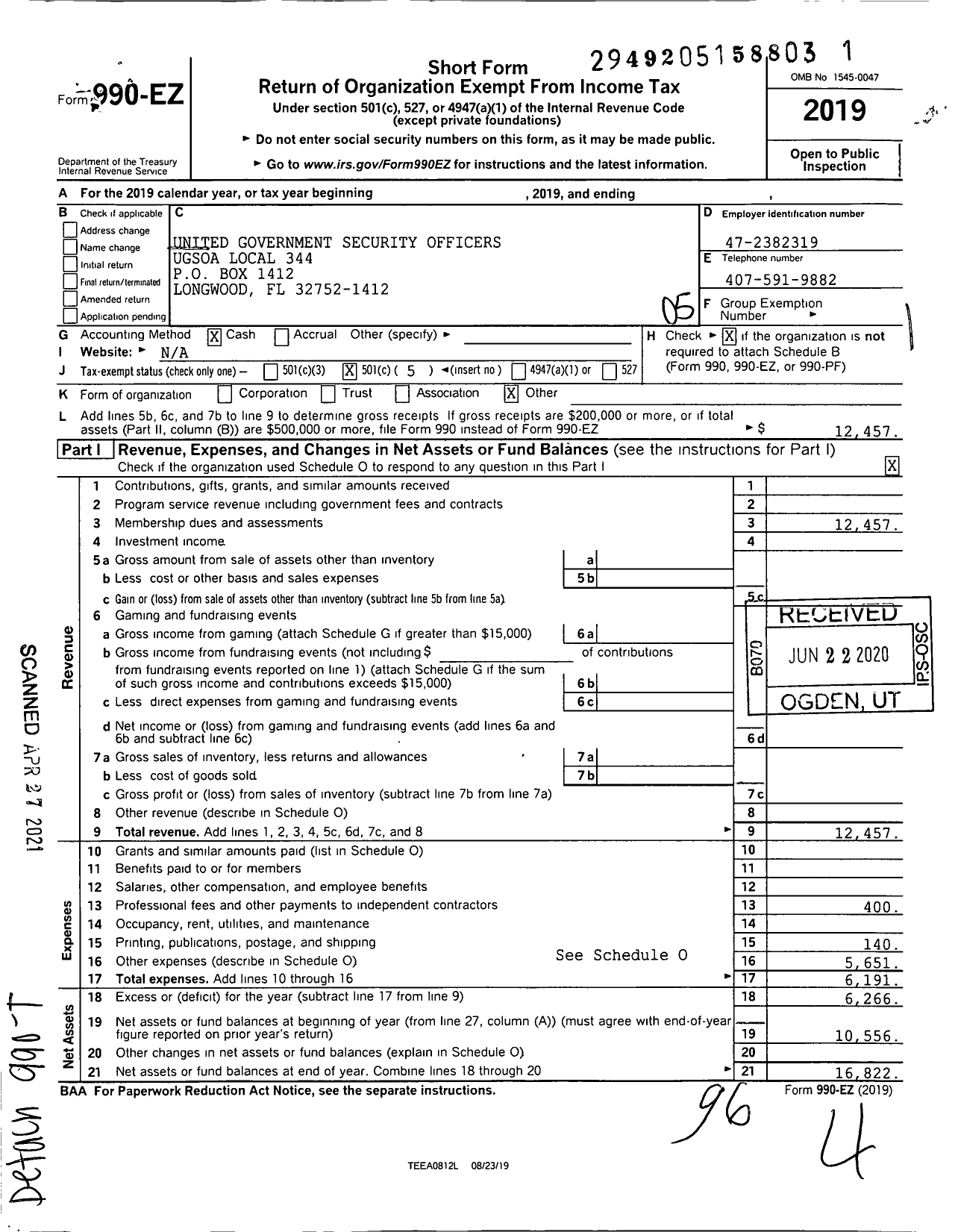 Image of first page of 2019 Form 990EO for United Government Security Officers Ugsoa Local 344