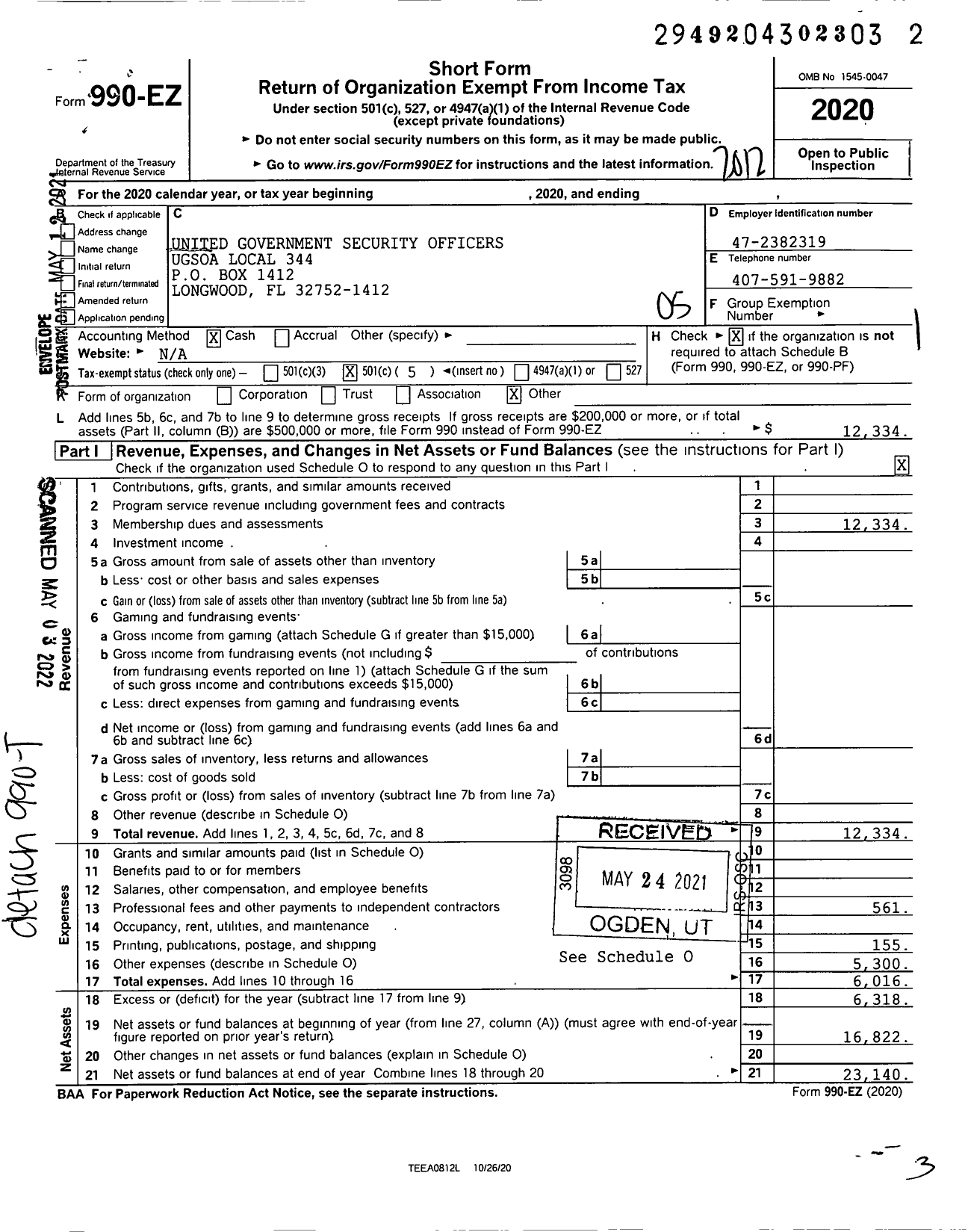 Image of first page of 2020 Form 990EO for United Government Security Officers Ugsoa Local 344