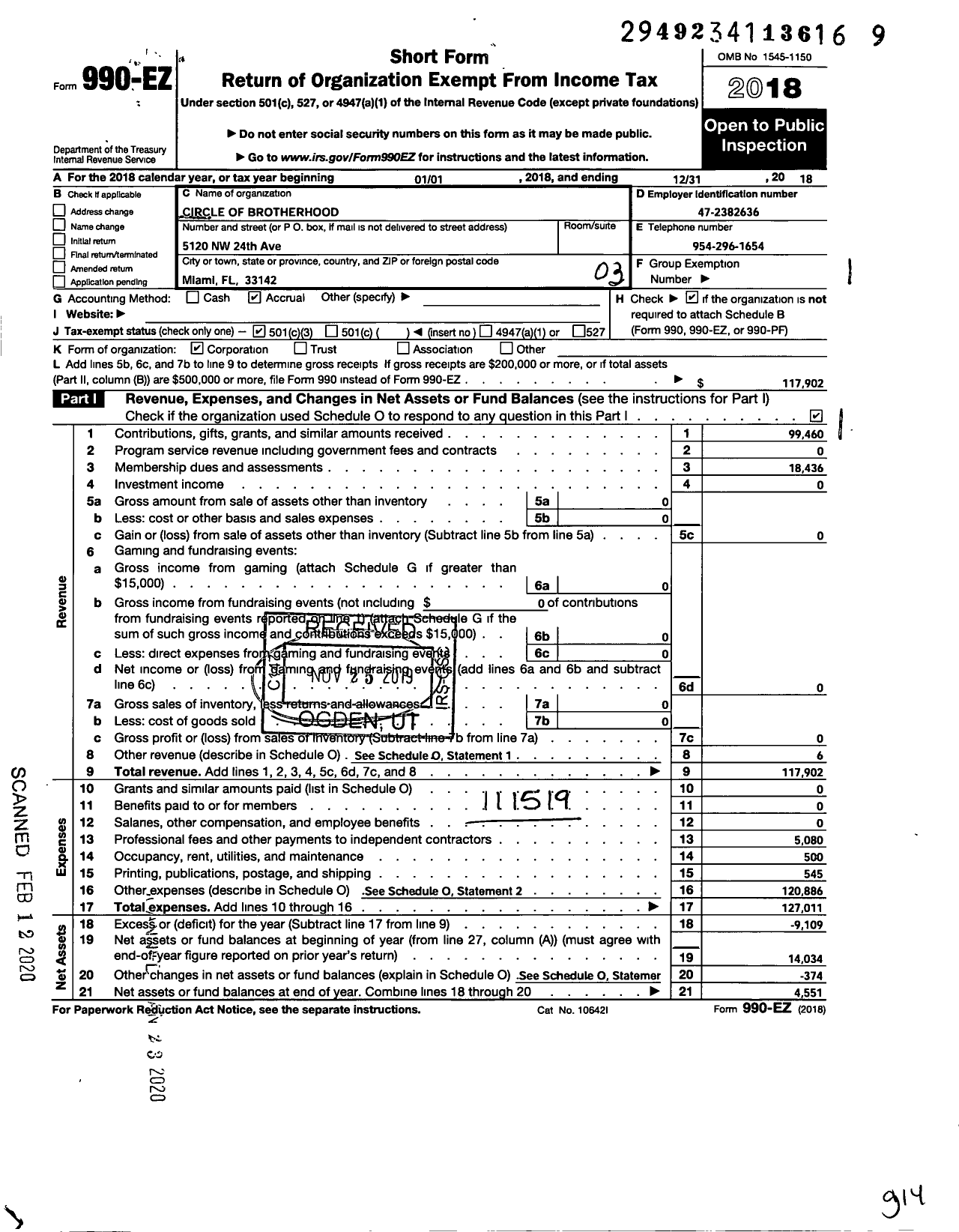 Image of first page of 2018 Form 990EZ for Circle of Brotherhood