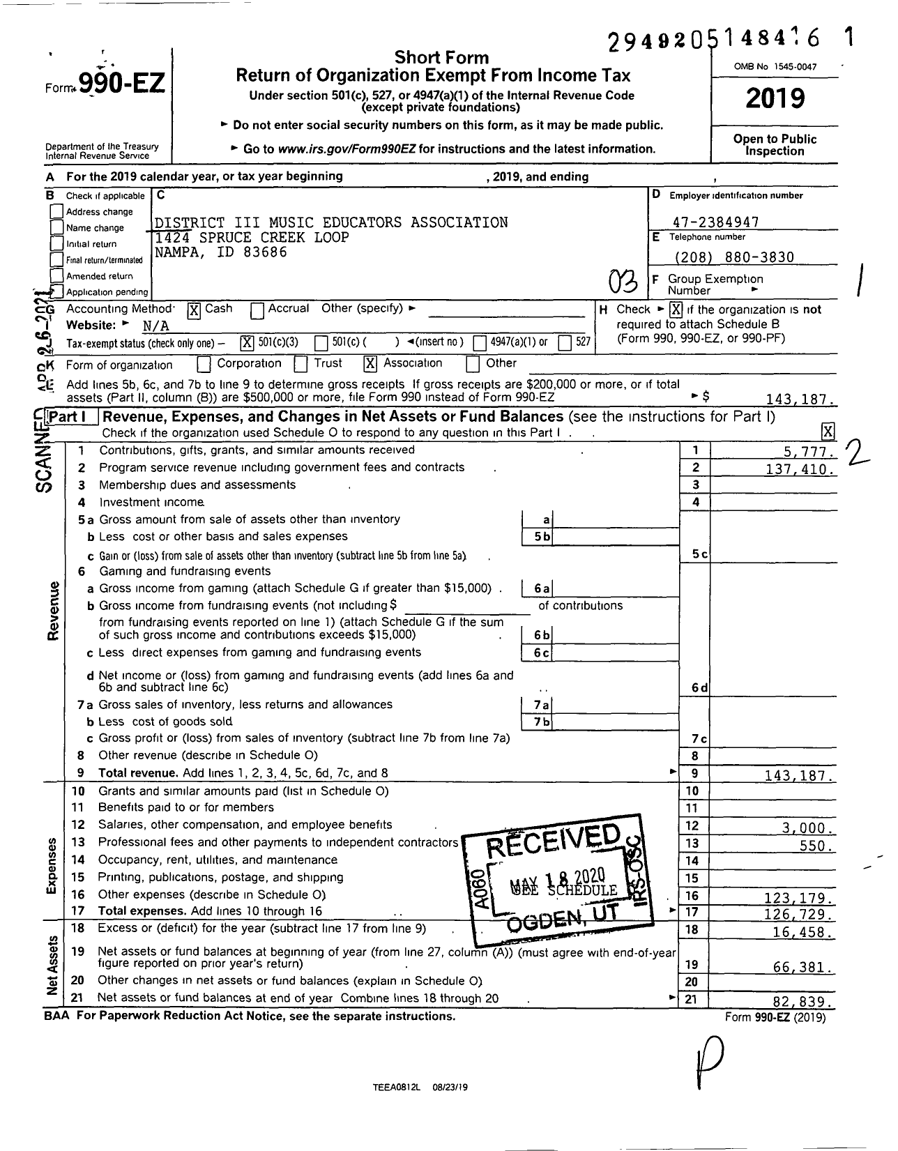 Image of first page of 2019 Form 990EZ for District III Music Educators Association