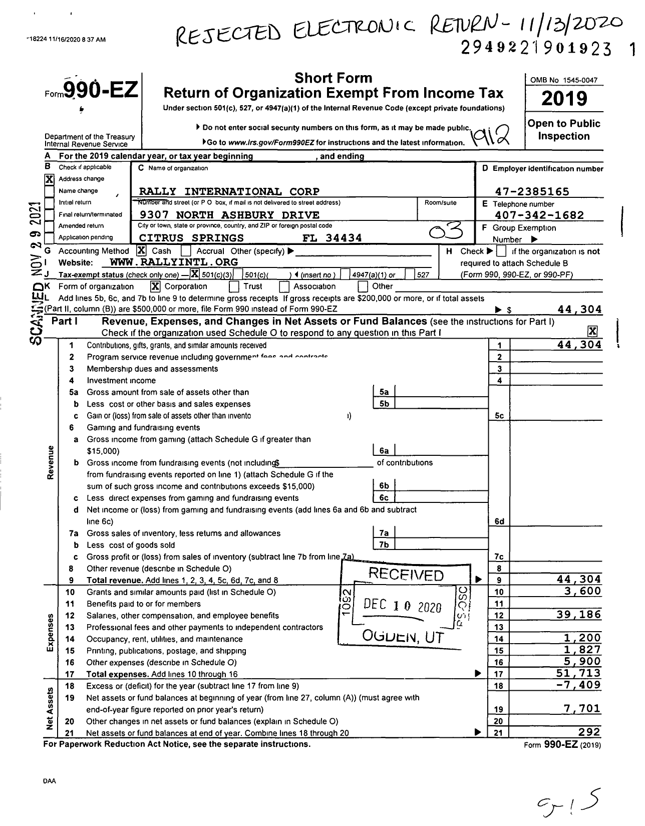 Image of first page of 2019 Form 990EZ for Rally International Corporation